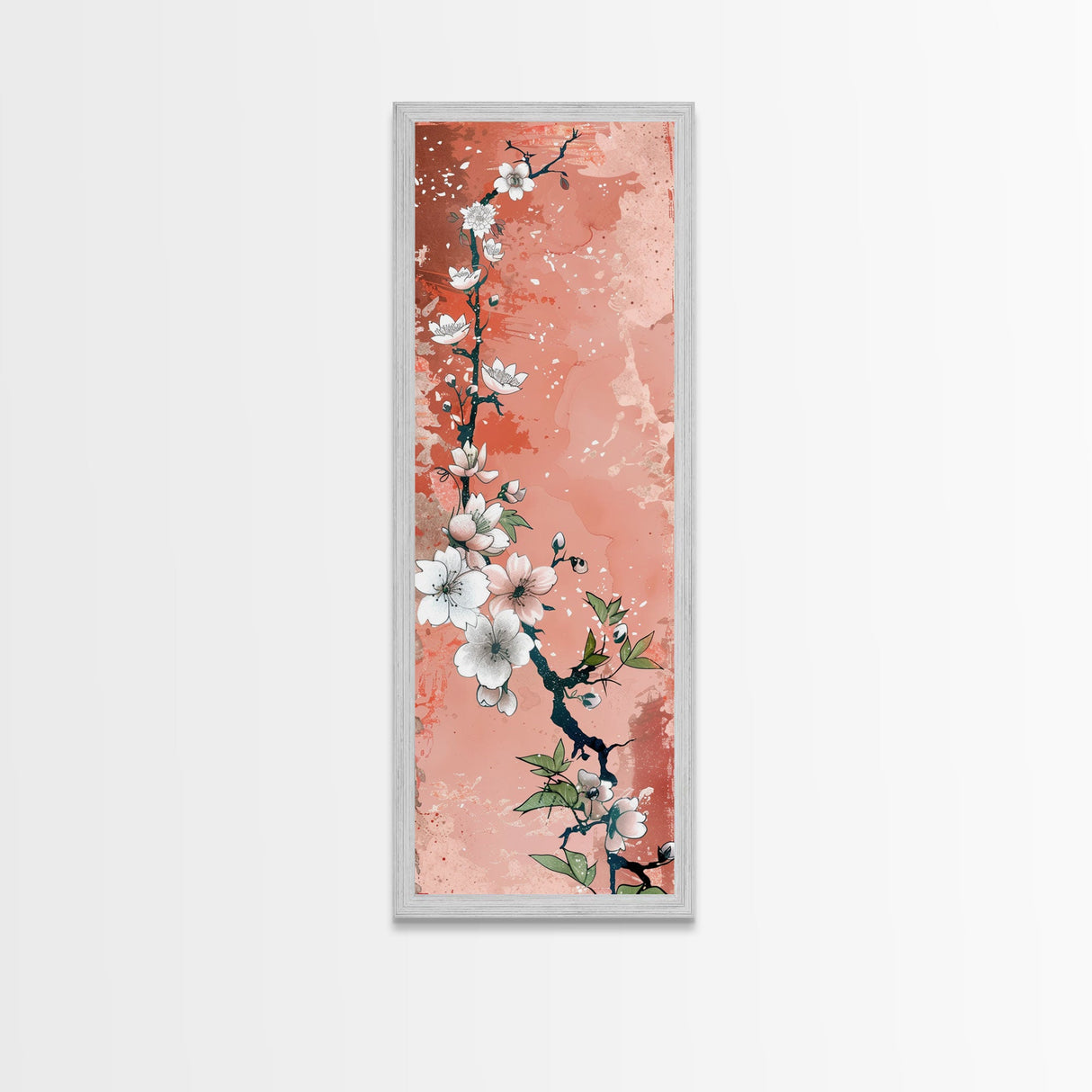 Skinny Art Tall Art Cherry Blossoms Wood Block Print Japanese Style Art With Delicate Branches On Soft Pink Background Framed Canvas Print