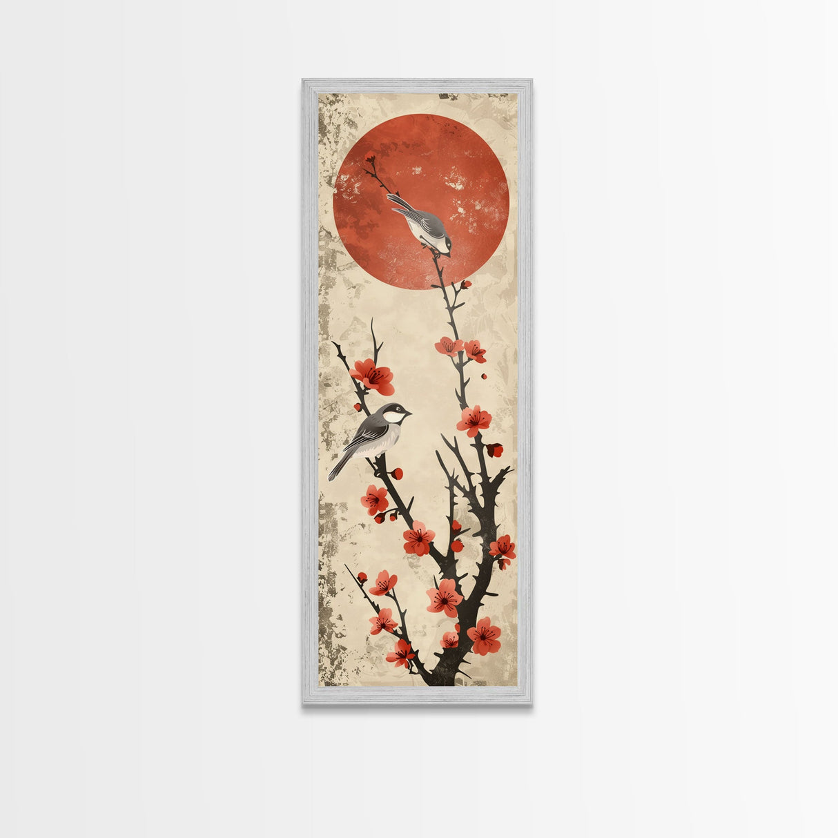 Delicate Birds Perched On Blooming Branch With Red Sun For Traditional Japanese Wall Art Decor Ukiyo-e Style Framed Canvas Print
