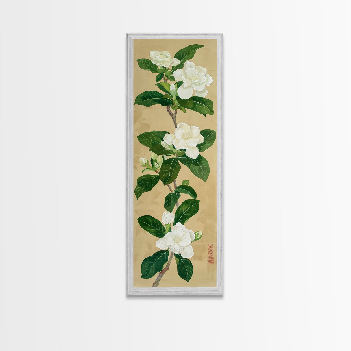 Magnolia Flowers On A Branch - Skinny Art Tall Art Framed Canvas Print Japanese Style Art Ukiyo-e Art