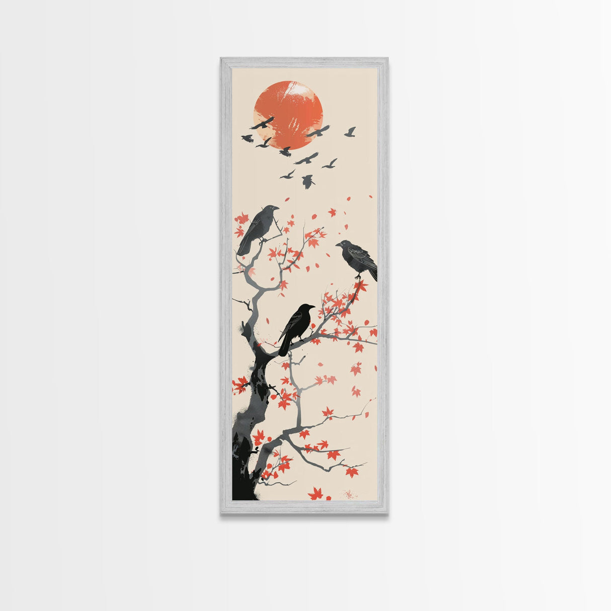 Crows On Bare Tree Branches Against Red Sun Skinny Art Wood Block Print Japanese Style Art Framed Canvas Print Tall Art Ukiyo-e Art
