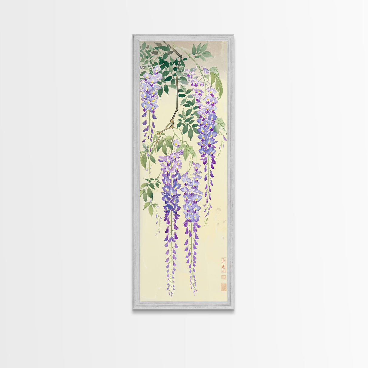 Cascading Wisteria Blossoms in Shades of Purple and Green - Skinny Art, Japanese Wall Decor, Framed Canvas Print, Ukiyo-e Style