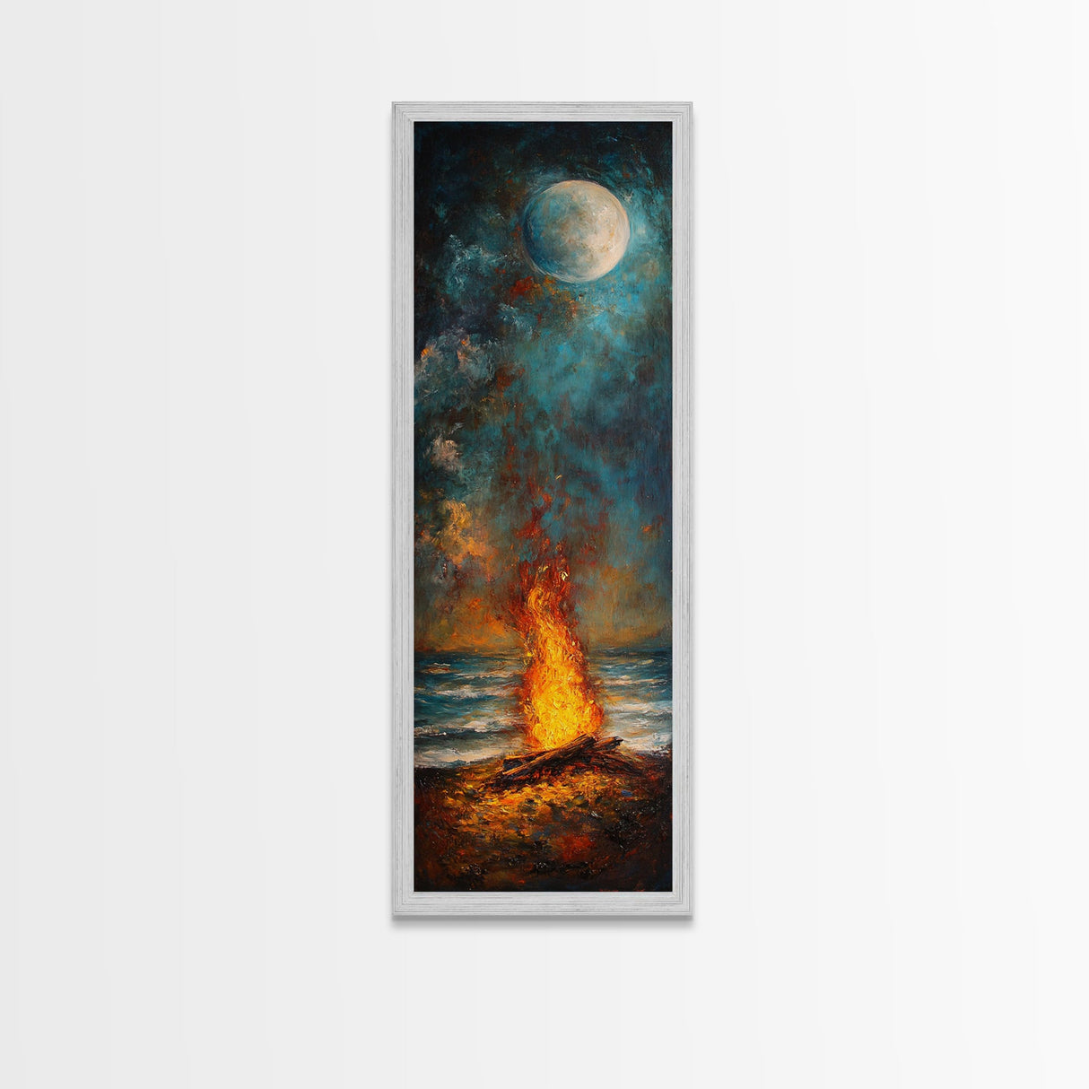 Moonlit Bonfire Canvas Print Rustic Wall Art Coastal Landscape Art Above Sofa Art Tall Narrow Art Nautical Decor Moody Art