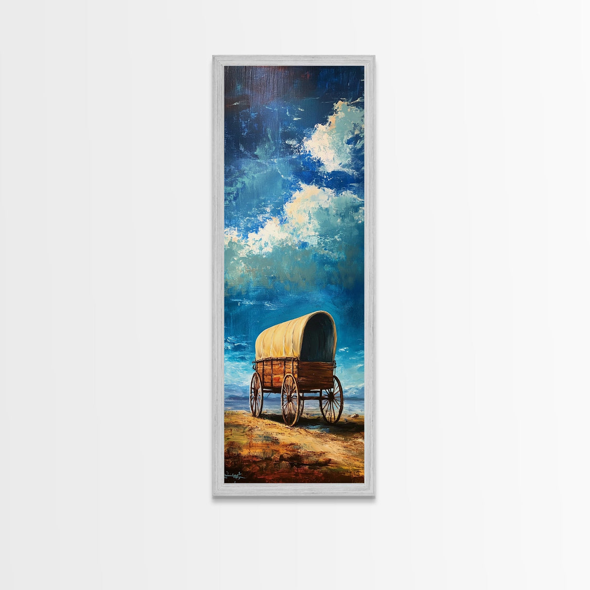 Vintage Covered Wagon Painting Framed Canvas Print, Rustic Wall Art, Farmhouse Art, Moody Art, Landscape Painting, Southwest Wall Art