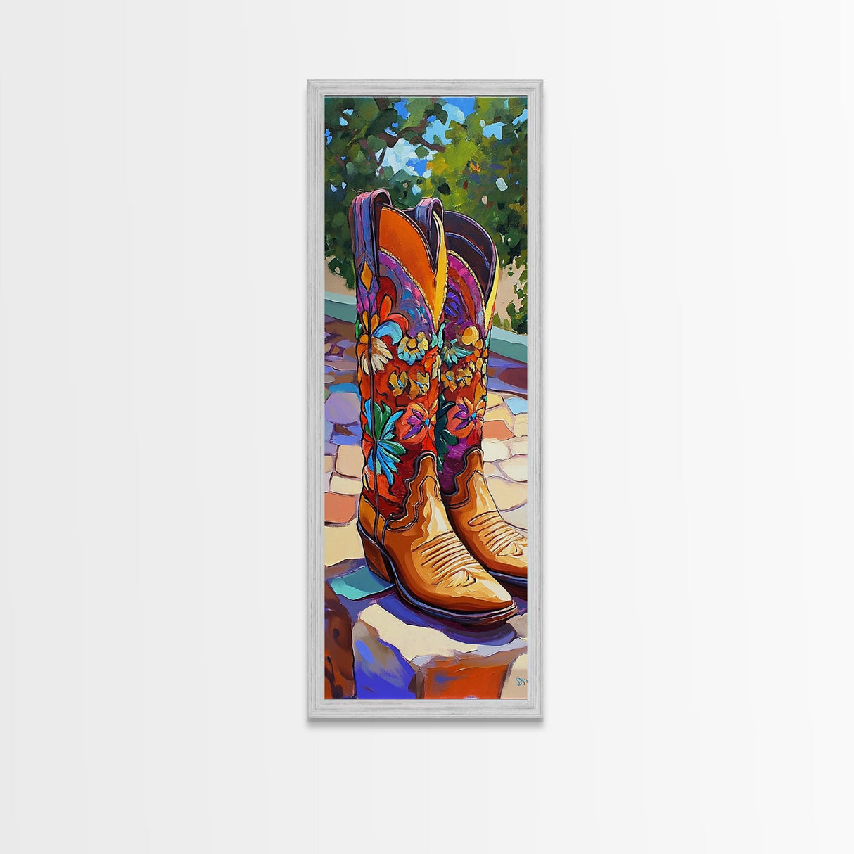 Western Cowboy Boots Art Framed Canvas Print, Rustic Wall Art, Coastal Cowgirl Wall Art, Moody Art, Whimsical Art, Gift Idea