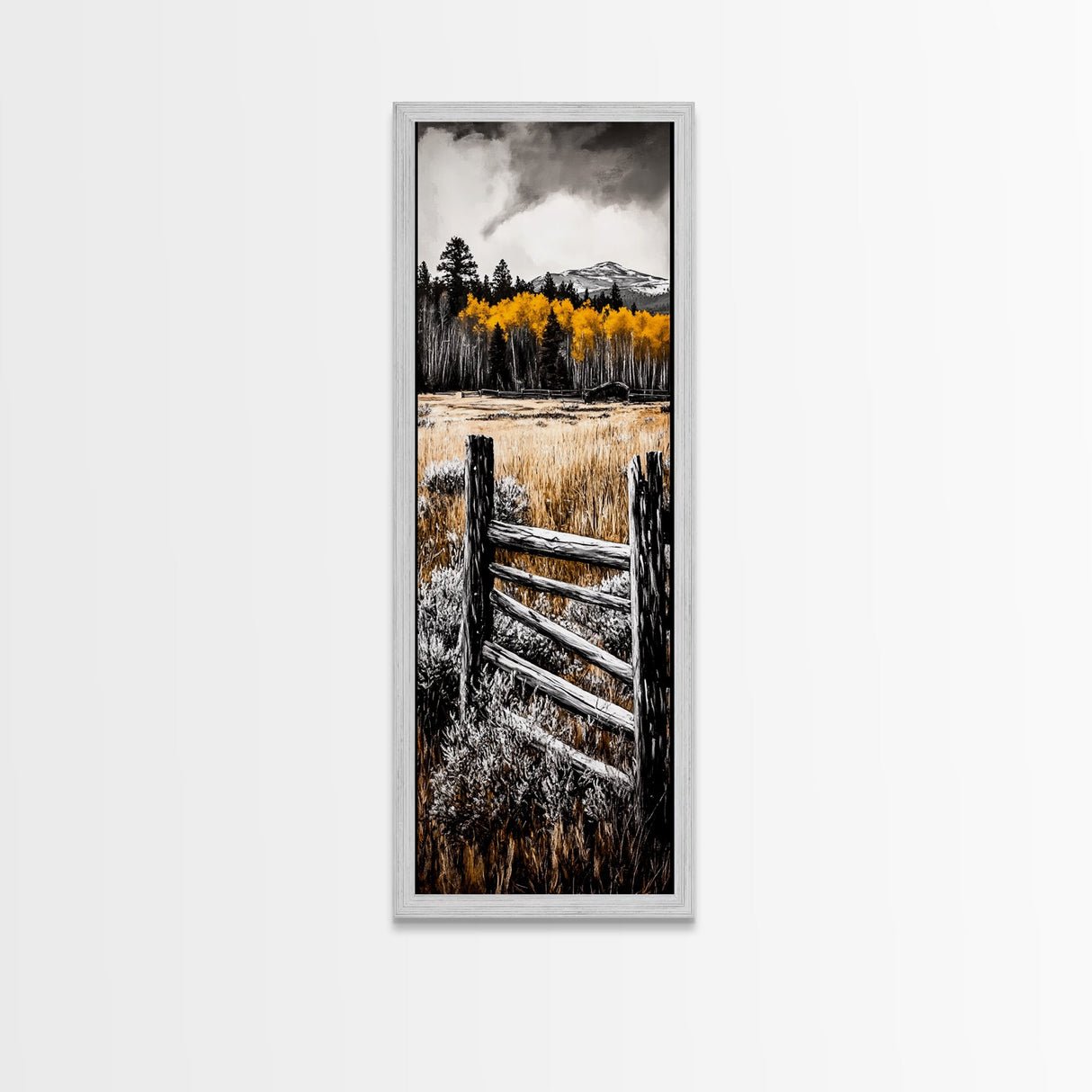 Rustic Mountain Fence Framed Canvas Print, Birch Tree Art, Fall Landscape Painting, Moody Art, Farmhouse Art, Above Sofa Art