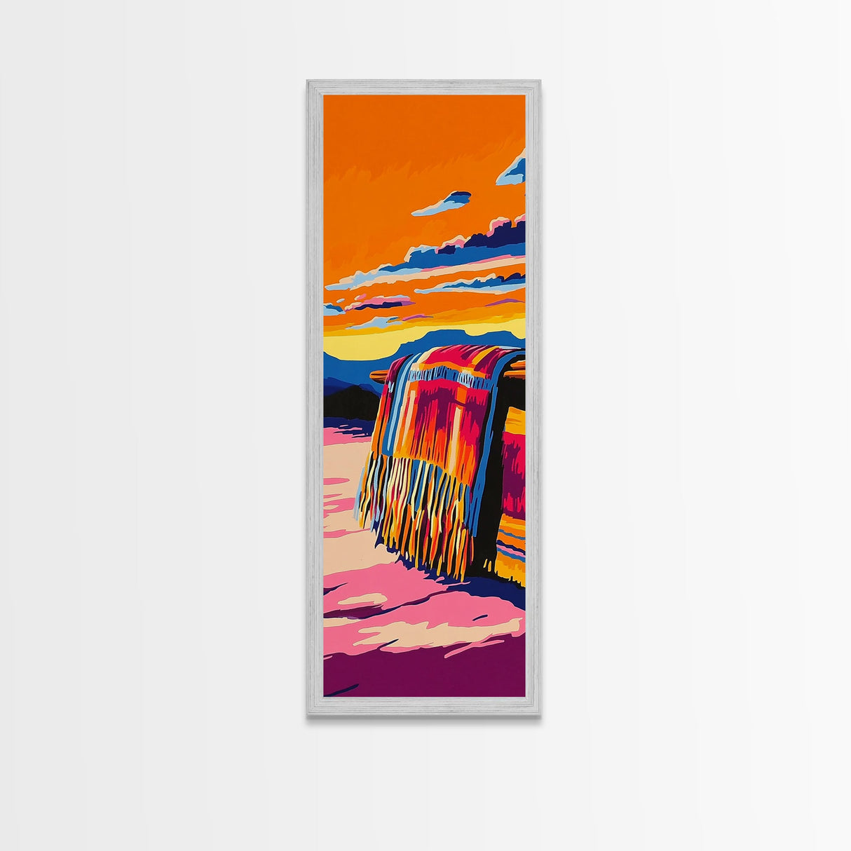 Boho Blanket at Sunset Framed Canvas Print southwest wall art warm sunset art boho art rustic decor gift idea for her