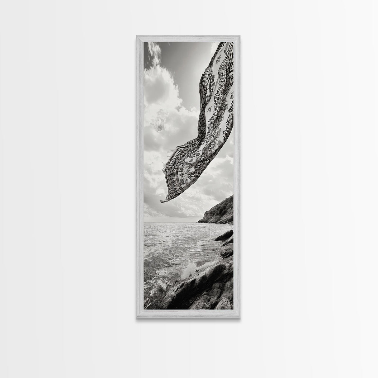 Flowing Fabric Over Ocean, Framed Canvas Print, wabi sabi art, coastal decor, boho art, minimalist art, above couch art, panoramic painting