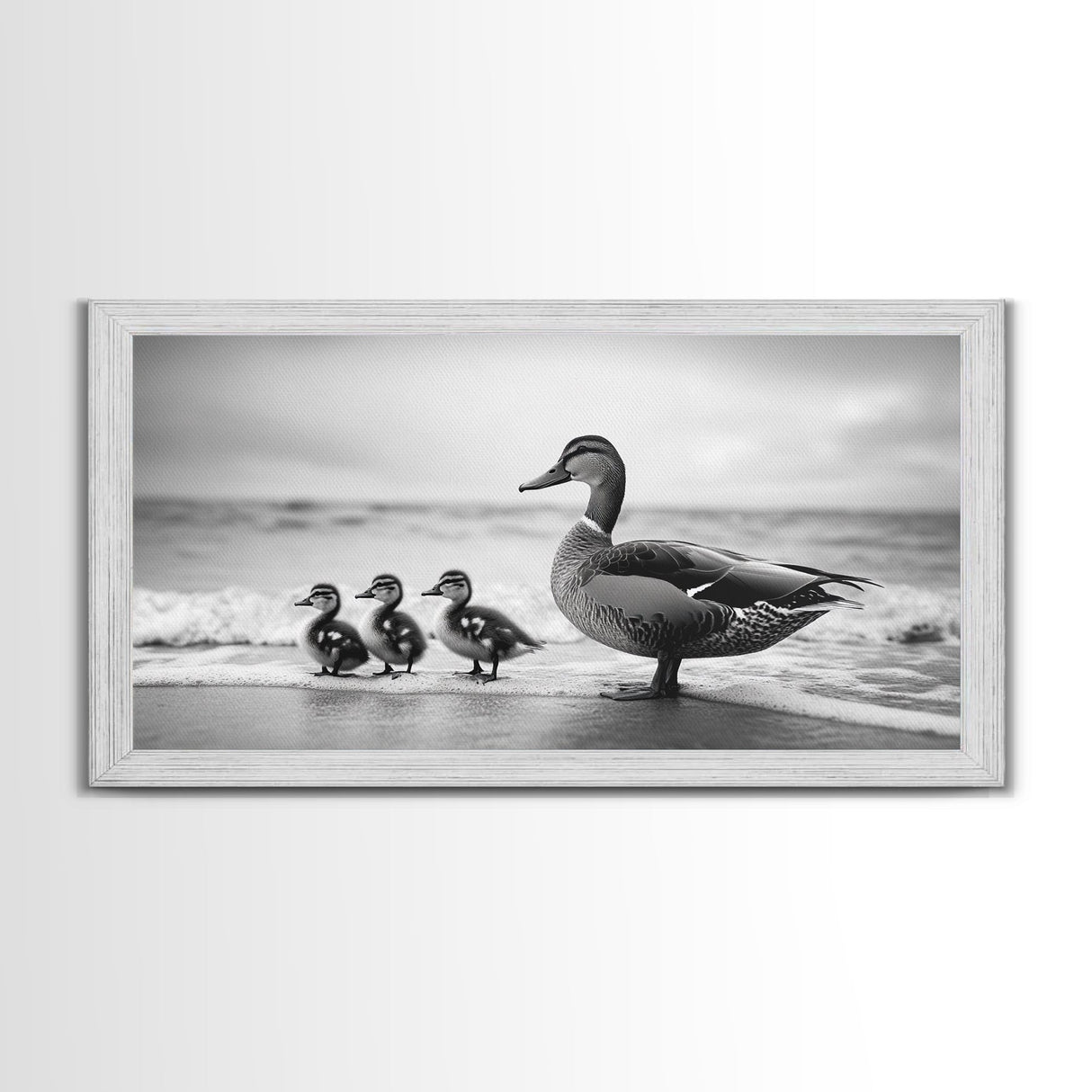 Duck family, bird art, whimsical art, coastal decor, nature painting, extra wide art, panoramic art, above couch art, framed canvas print