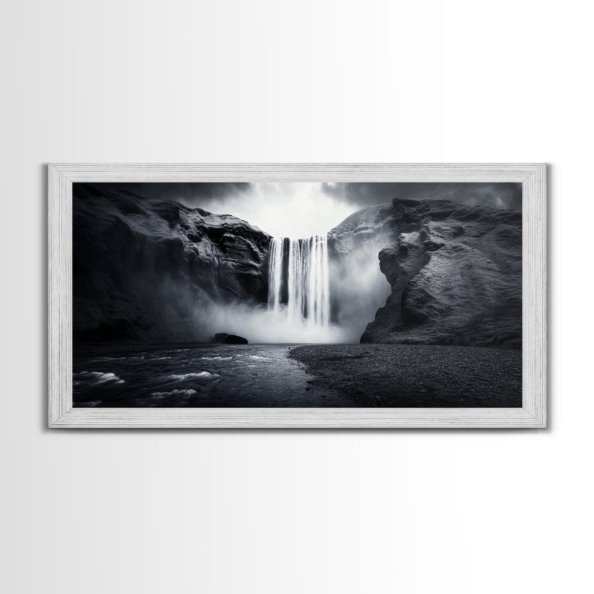 Powerful Waterfall Mist, nature wall art, moody art, mountain painting, black and white photography, dramatic landscape, framed canvas print