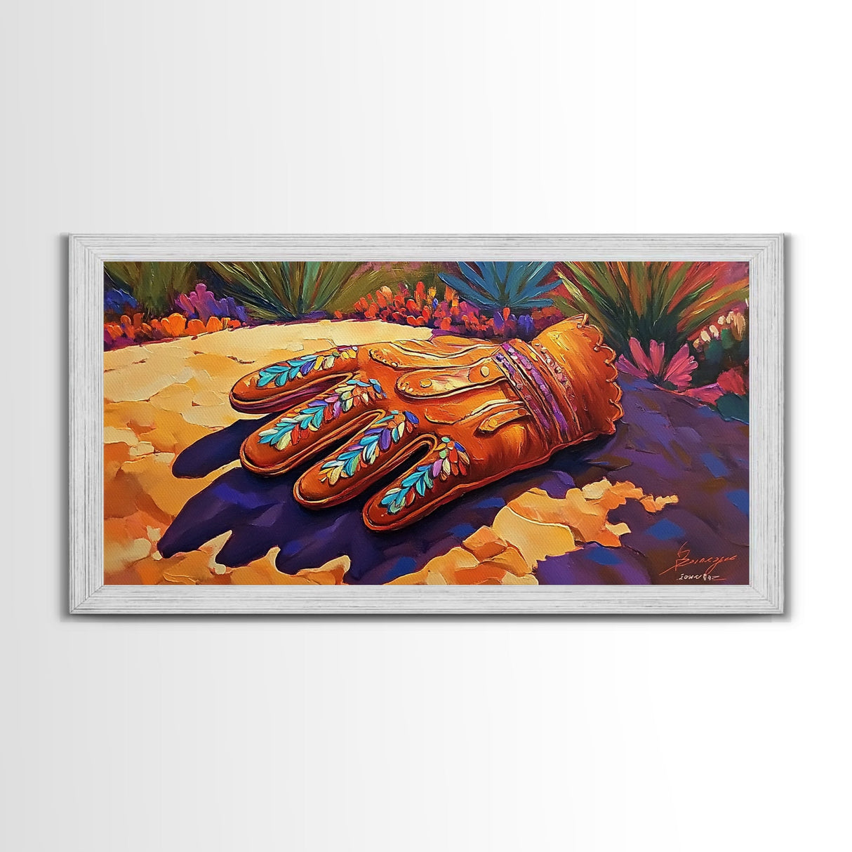 Embroidered Leather Glove, cowboy painting, rustic decor, western art, textured painting, colorful art, vibrant rustic scene, canvas print