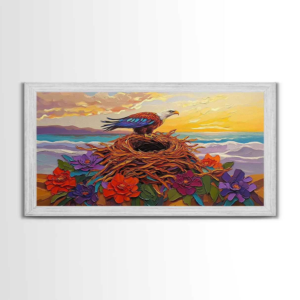 Bald Eagle Nest, bird art, mountain painting, moody art, southwest wall art, patriotic decor, nature art, Framed Canvas Print