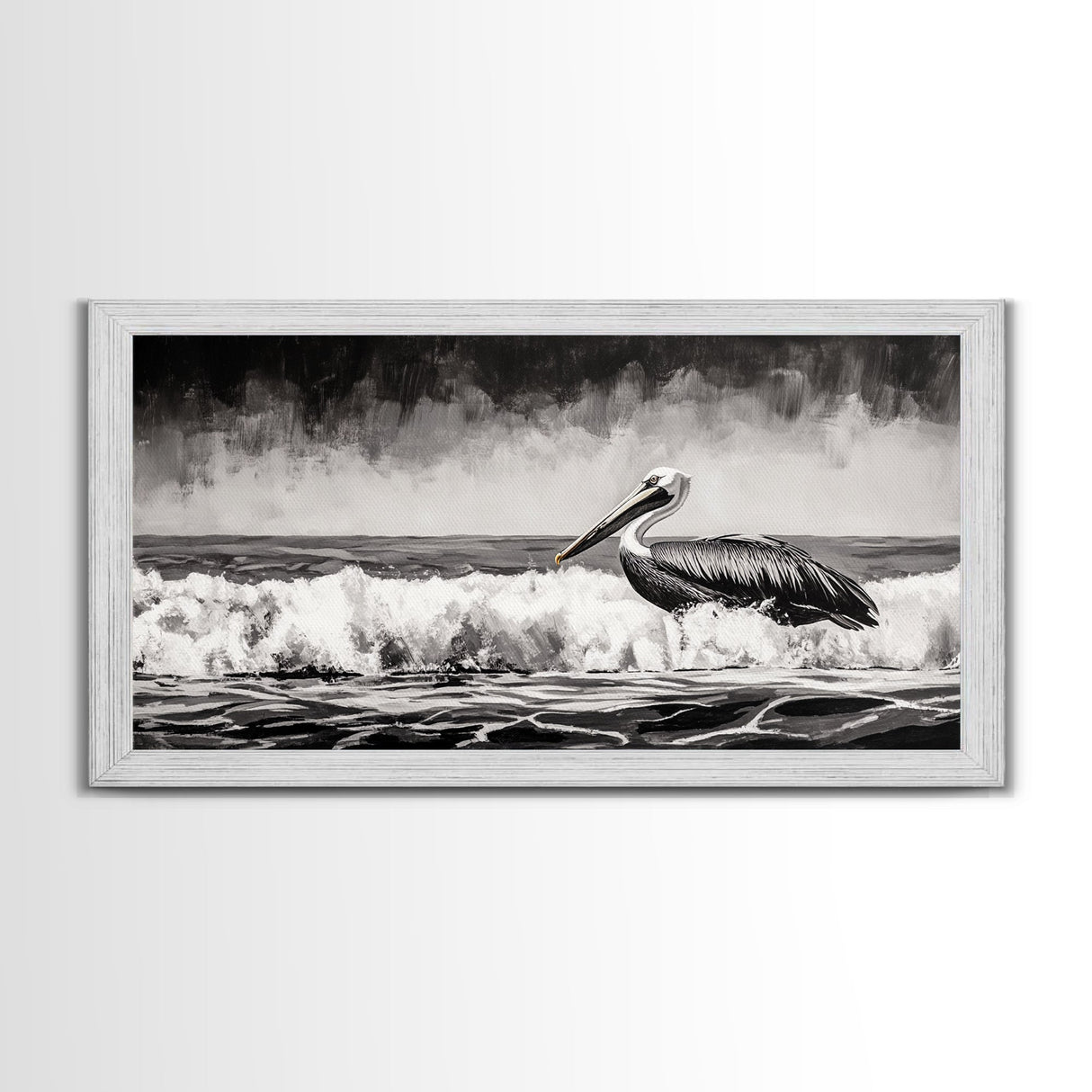 Pelican, coastal wall art, nautical painting, black and white art, seascape painting, ocean bird, Framed Canvas Print, beach decor