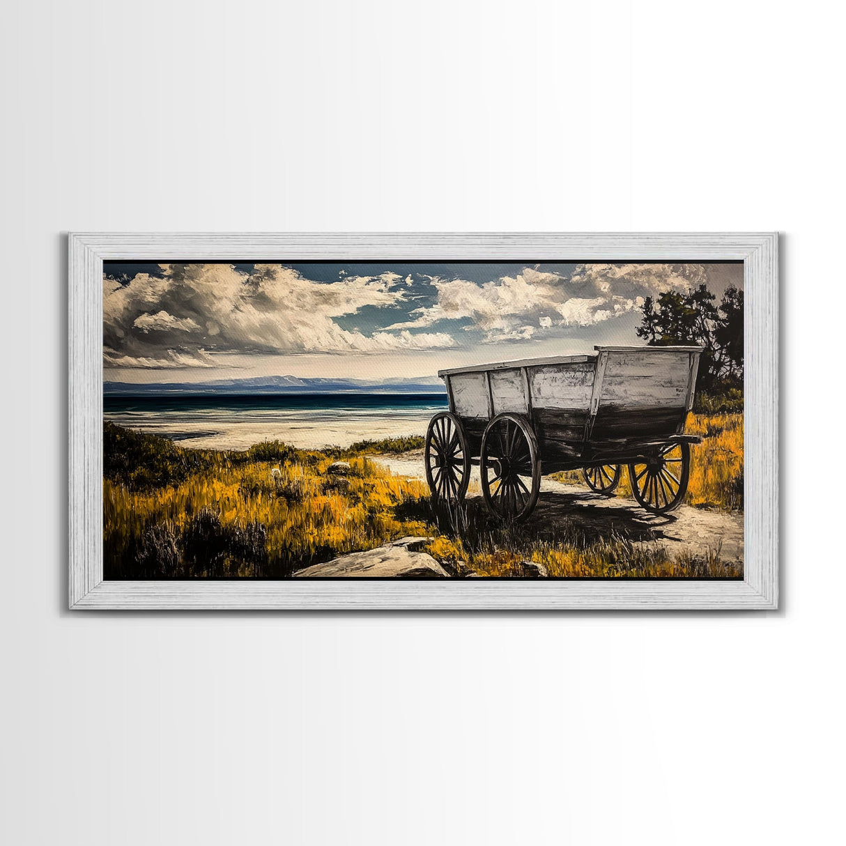 Seaside Wagon, coastal decor, nautical wall art, Maine oil painting, rustic wall art, landscape painting, extra wide art, framed canvas print