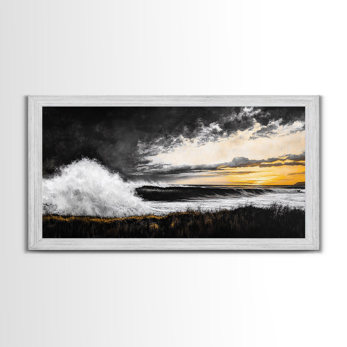 Ocean Waves, coastal wall art, nautical painting, seascape painting, moody art, extra wide art, framed canvas print, panoramic painting