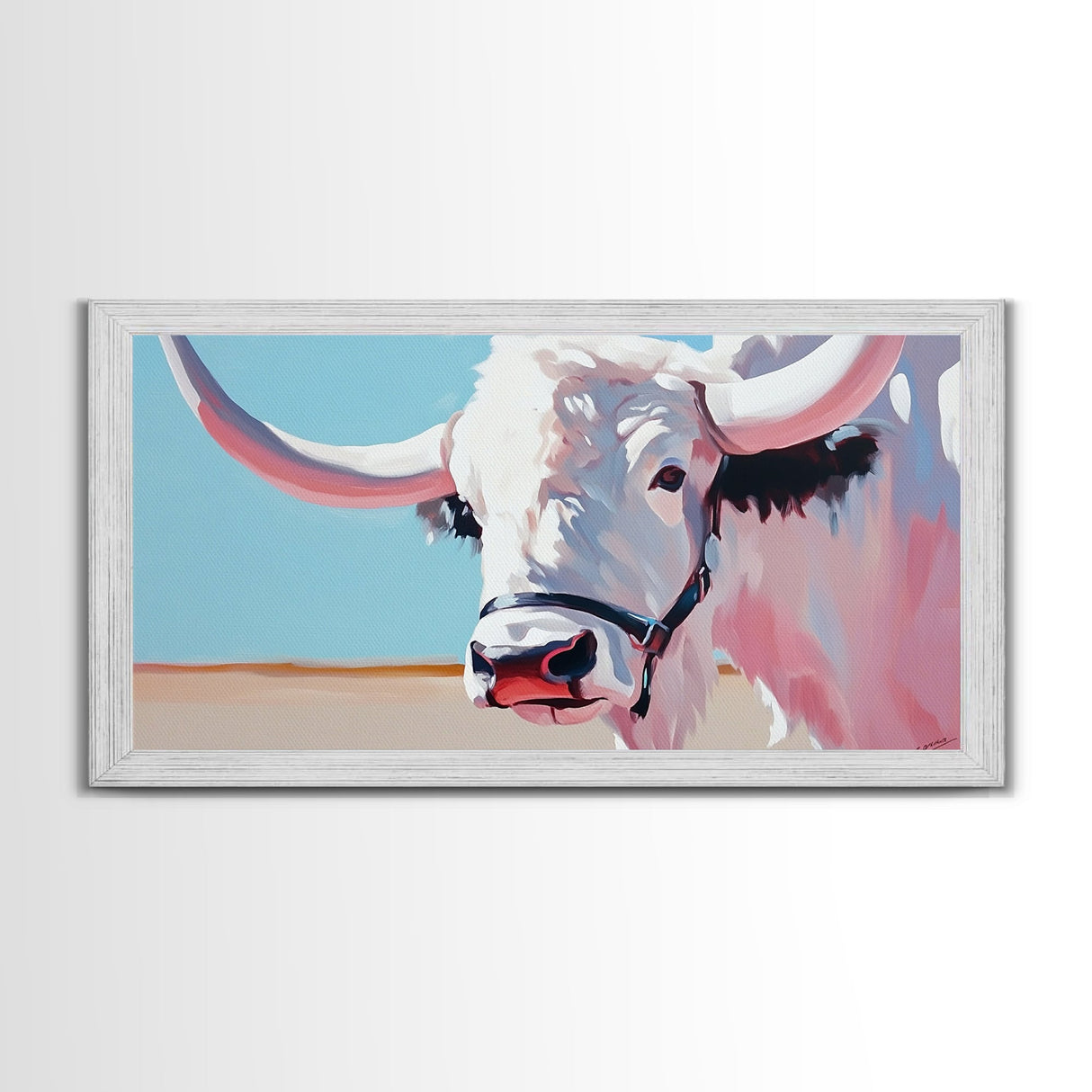 Longhorn Cow Portrait, Rustic Farmhouse Wall Art, Southwest Decor, Western Painting, Framed Canvas Print, Country Living Gift Idea
