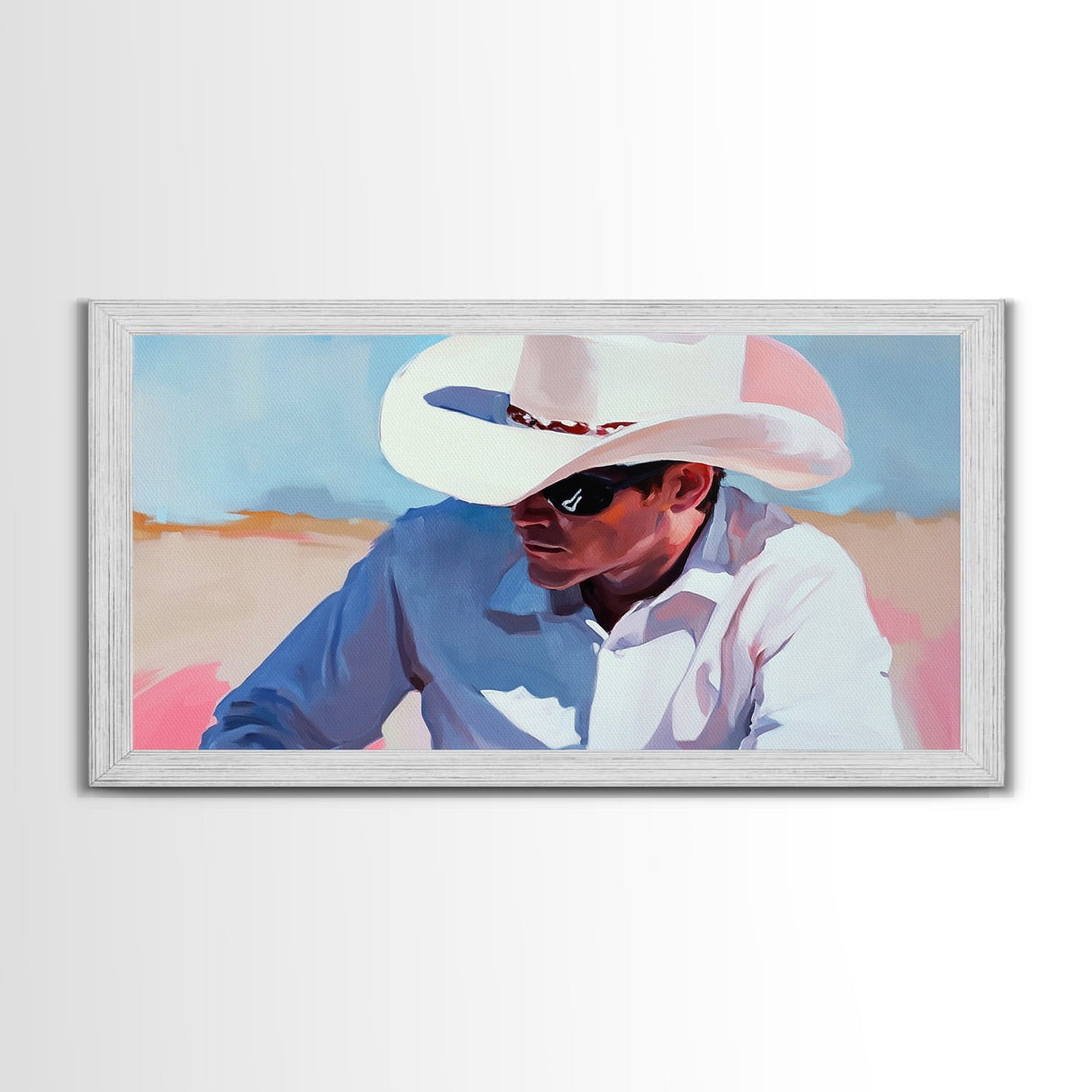 Cowboy Painting, Western Art, Rustic Wall Art, Coastal Cowgirl Art, Lofi Art, Chicano Art, Framed Canvas Print, Extra Wide Art, Panoramic Art