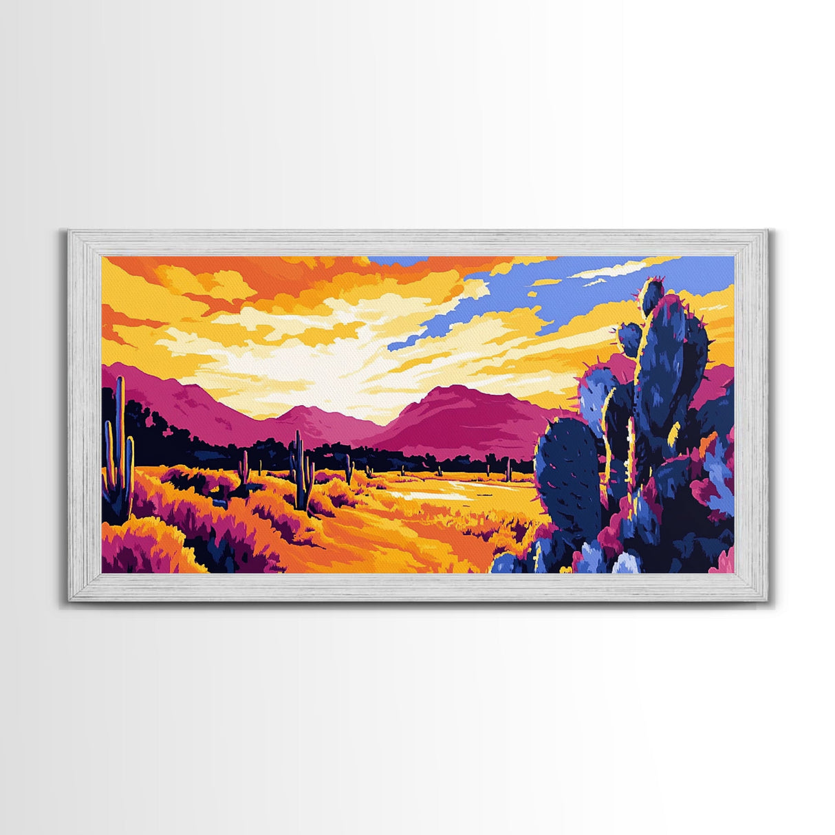 Desert Cactus, southwest wall art, mountain painting, rustic decor, landscape painting, panoramic art, Framed Canvas Print, extra wide art