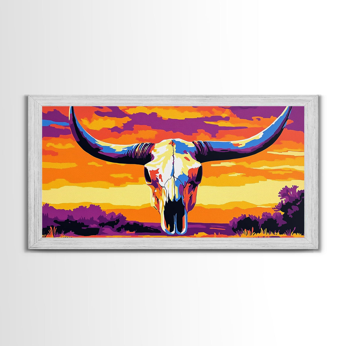 Skull, bull, desert art, cowboy decor, boho wall art, moody sunset, extra wide art, rustic decor, framed canvas print