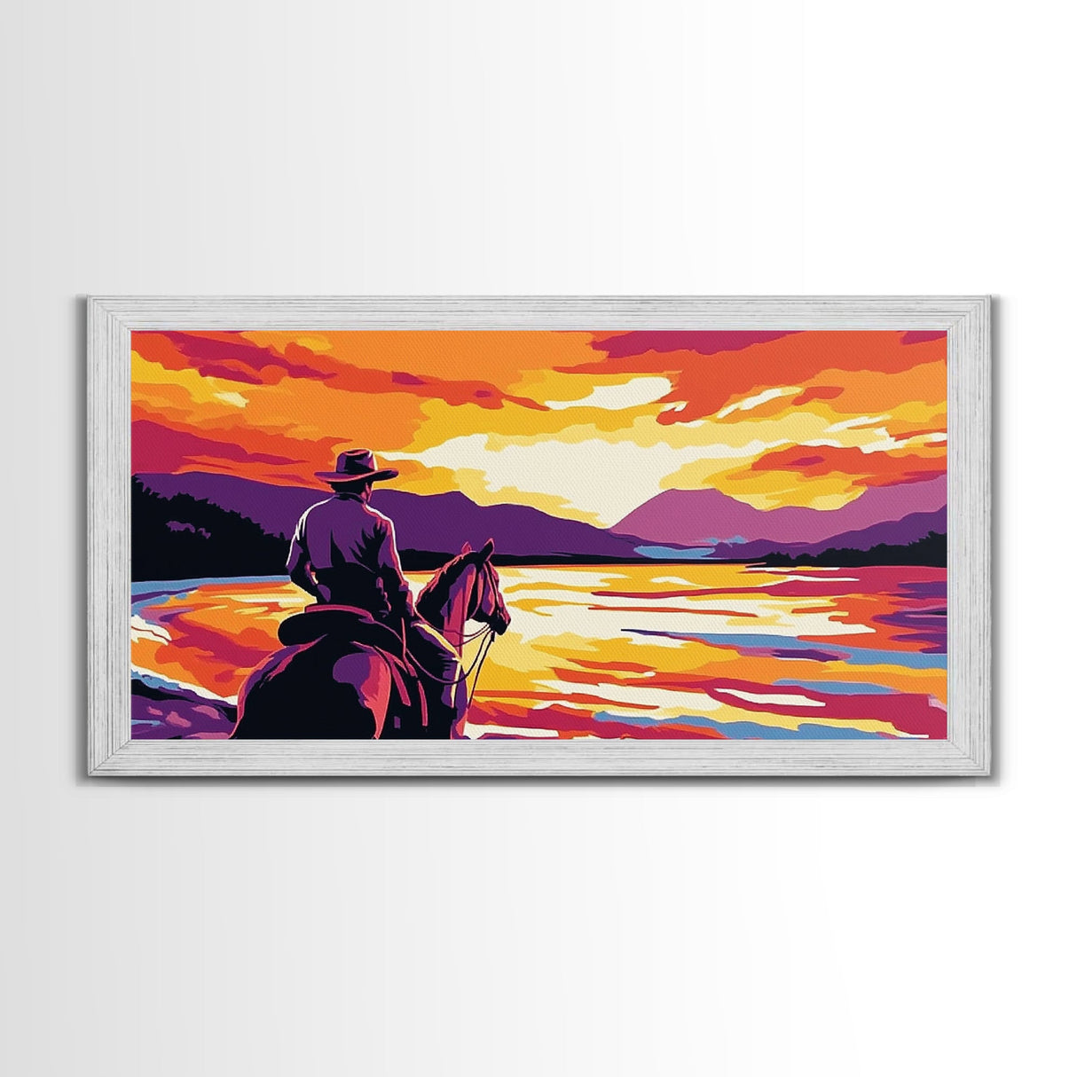 Cowboy on horseback, western silhouette, river sunset, rustic art, moody landscape, extra wide painting, vintage western, framed canvas print