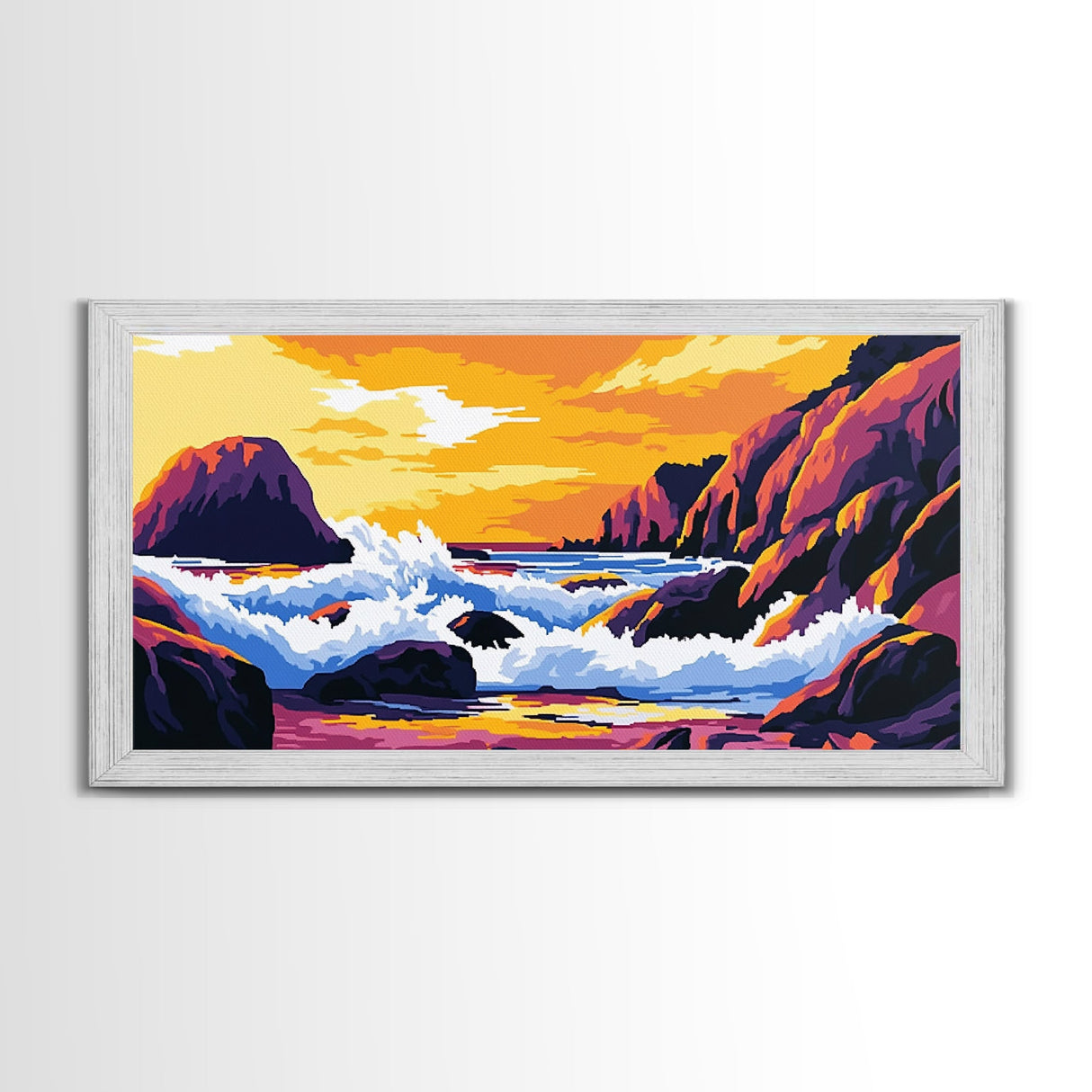 Ocean waves, coastal decor, rocky seascape, beach sunset, nautical wall art, panoramic art, coastal painting, framed canvas print