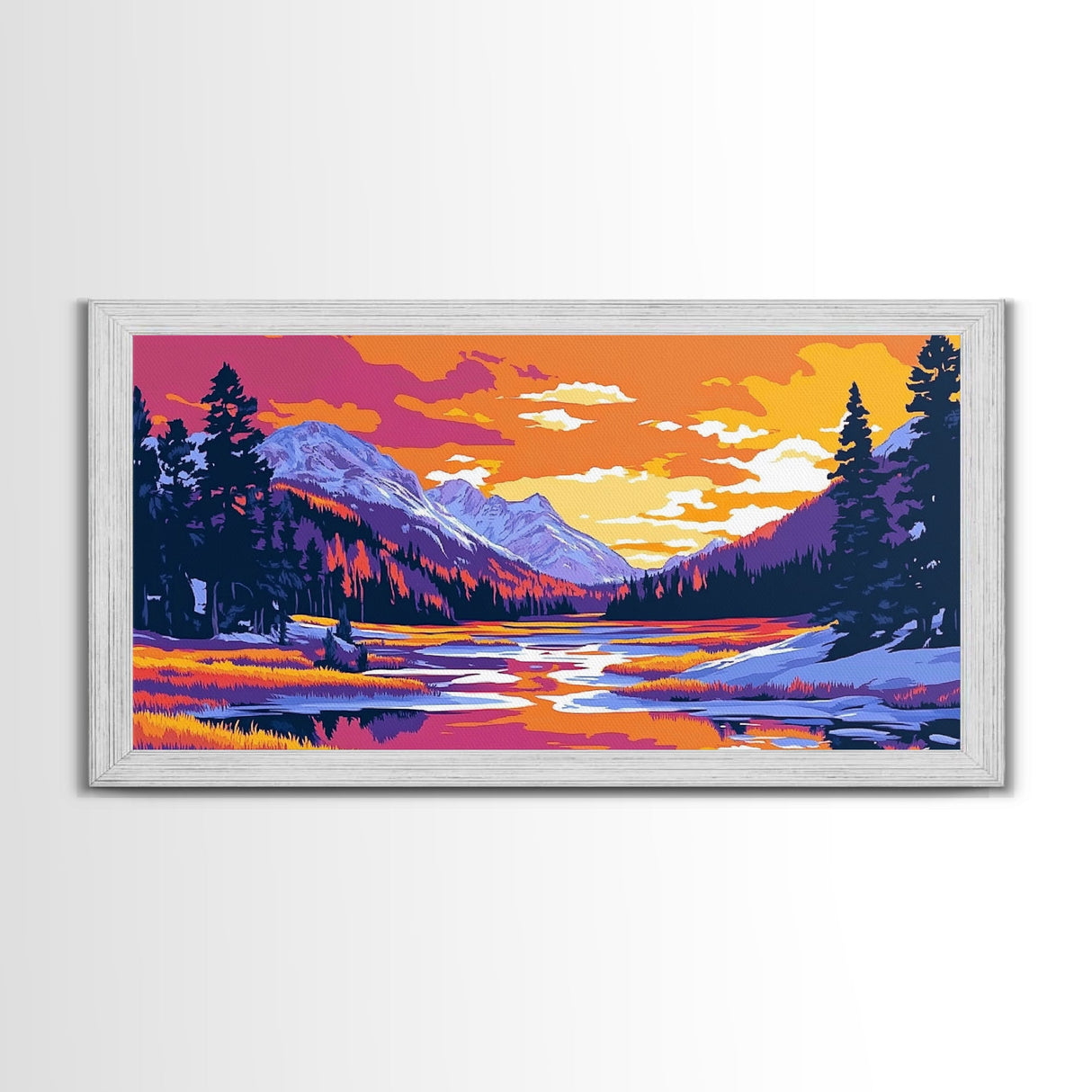 Lake Tahoe Art, mountain painting, scenic sunset print, southwest wall art, panoramic art, extra wide art, framed canvas print