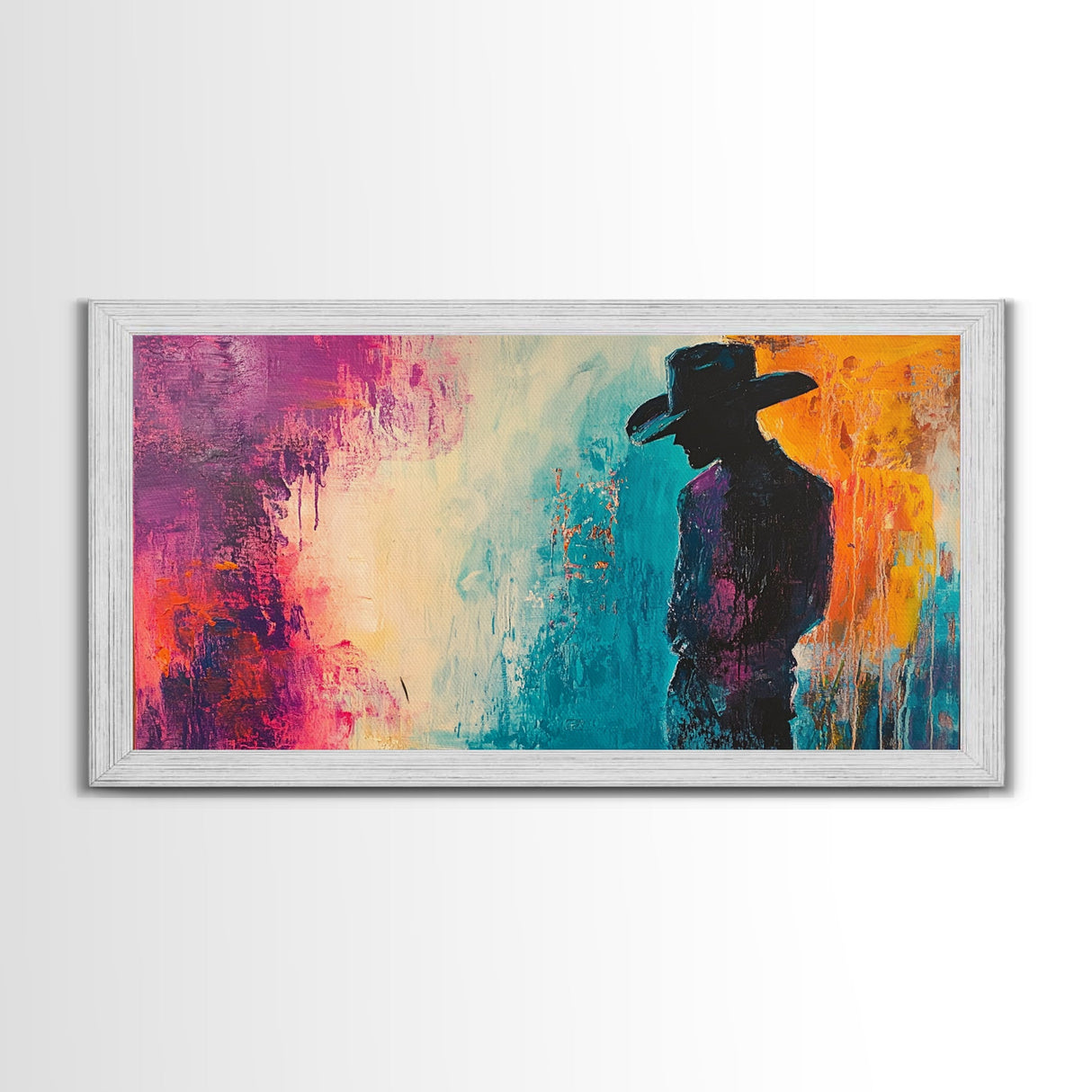 Silhouette Cowboy Art, rustic wall art, western painting, moody art, cowboy painting, extra wide art, farmhouse decor, canvas print, gift idea