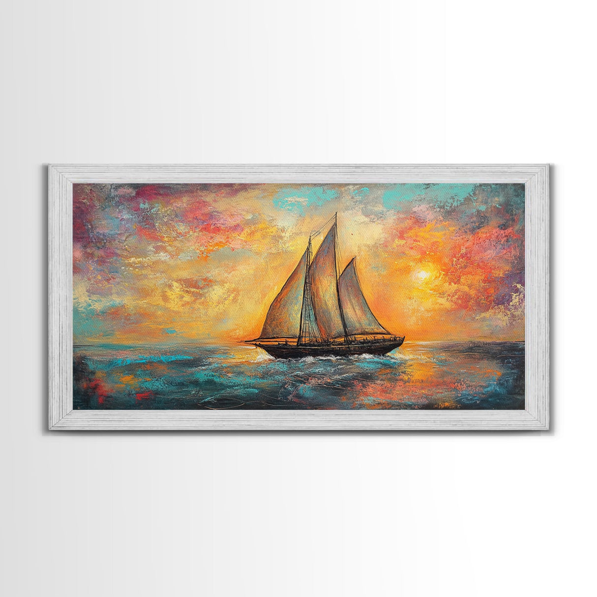 Sailboat at Sunset, nautical painting, coastal decor, seascape painting, beach house art, extra wide art, oil painting, canvas print