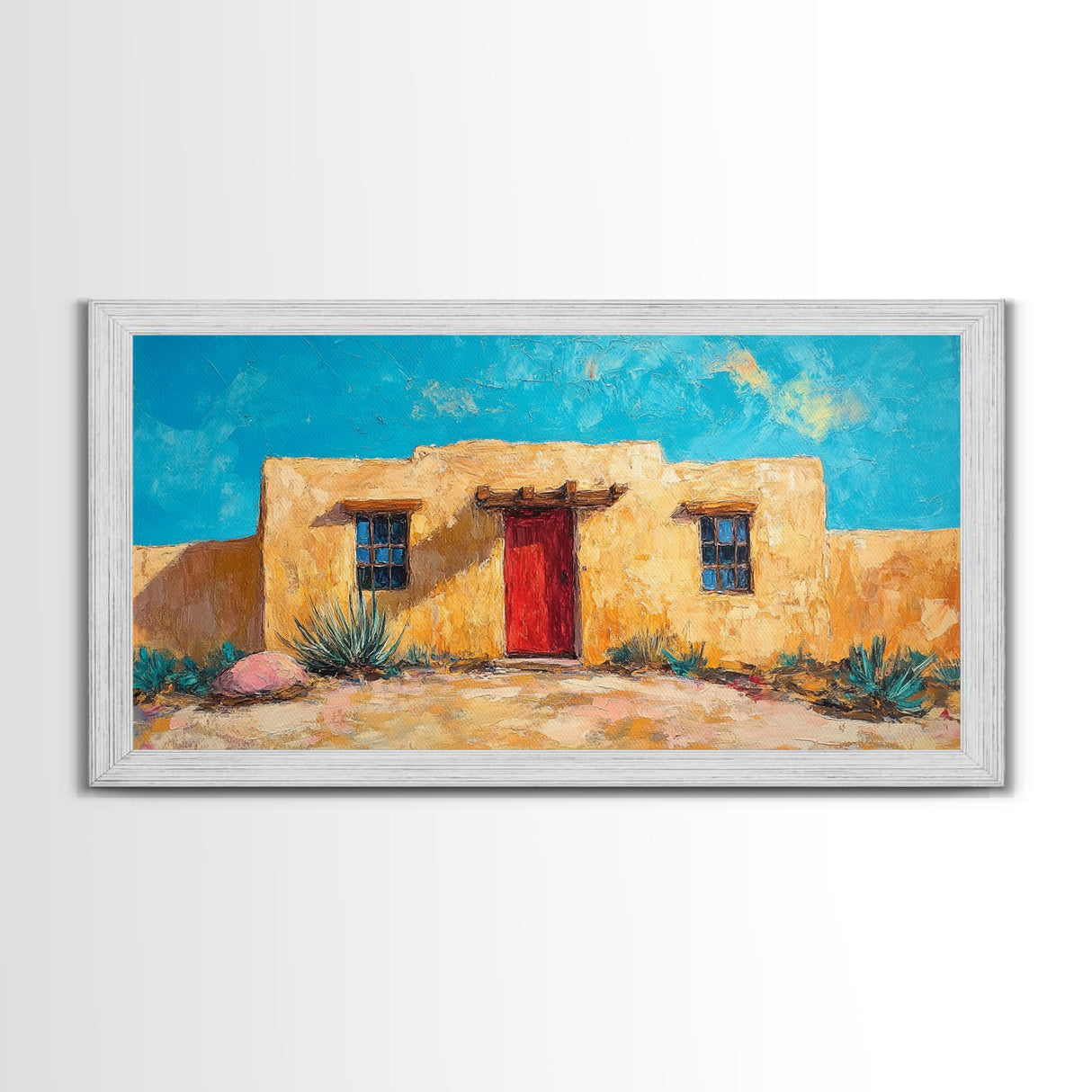 Pueblo Village, Moon Oil Painting, Southwest Wall Art, Rustic Landscape, Moody Art, Extra Wide Art, Desert Scene, Framed Canvas Print