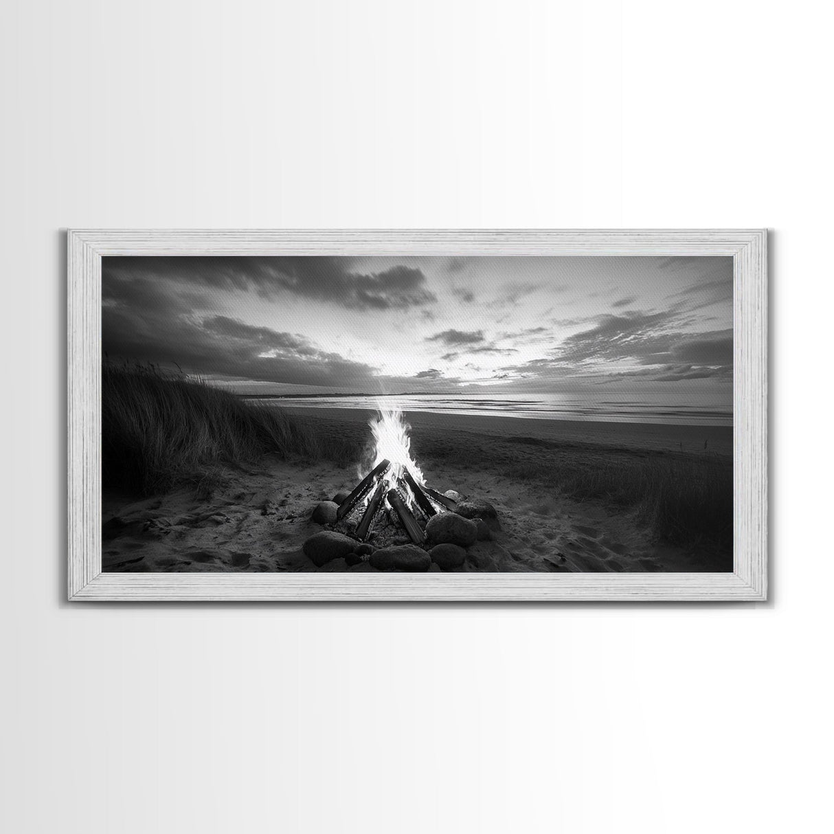 Bonfire on Beach, coastal decor, nautical painting, rustic art, beach sunset print, seascape painting, landscape painting, Framed Canvas Print