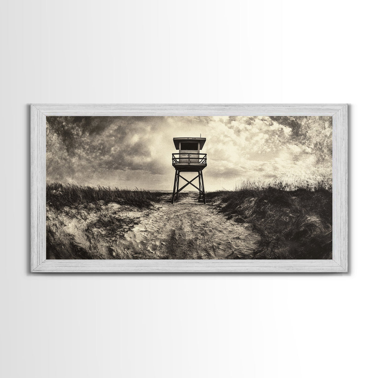 Lifeguard Tower, Coastal Landscape Art, Wabi Sabi Art, Rustic Decor, Moody Art, Nautical Wall Art, Canvas Print