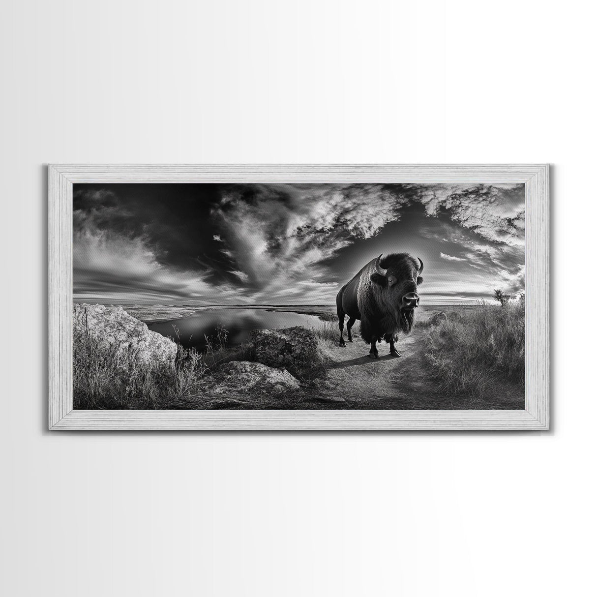 Bison Landscape, Southwest Wall Art, Rustic Wall Art, Moody Art, Panoramic Art, Extra Wide Art, Nature Wall Art, Framed Canvas Print