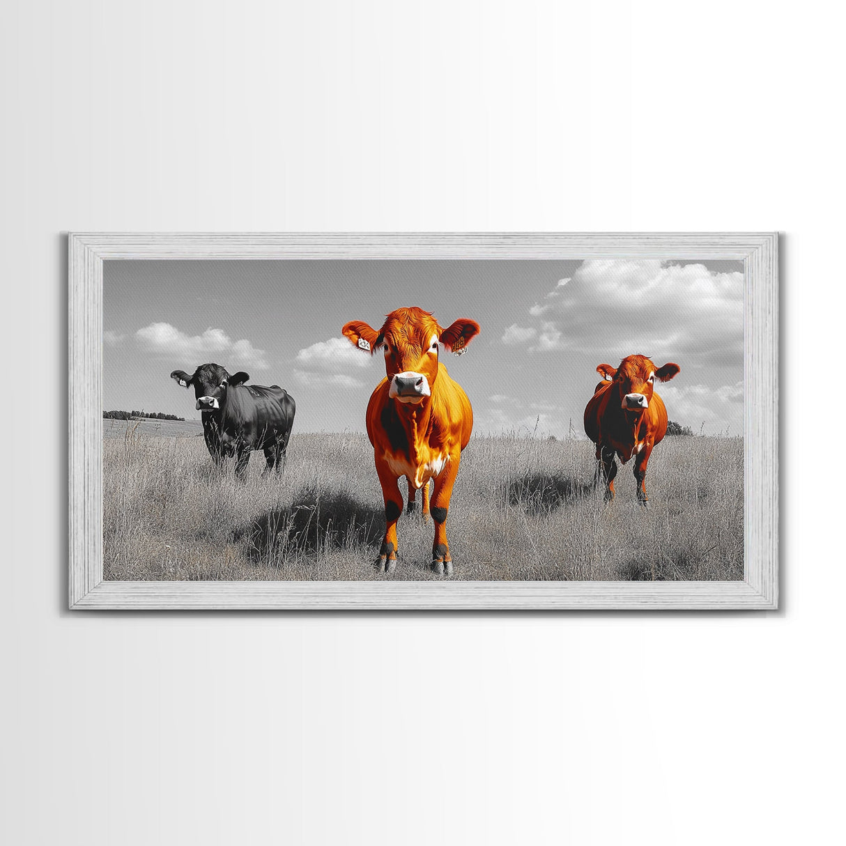 Highland Cows Canvas Print | Rustic Farmhouse Art | Black and White Cattle Painting | Moody Art | Above Sofa Wall Art | Extra Wide Art