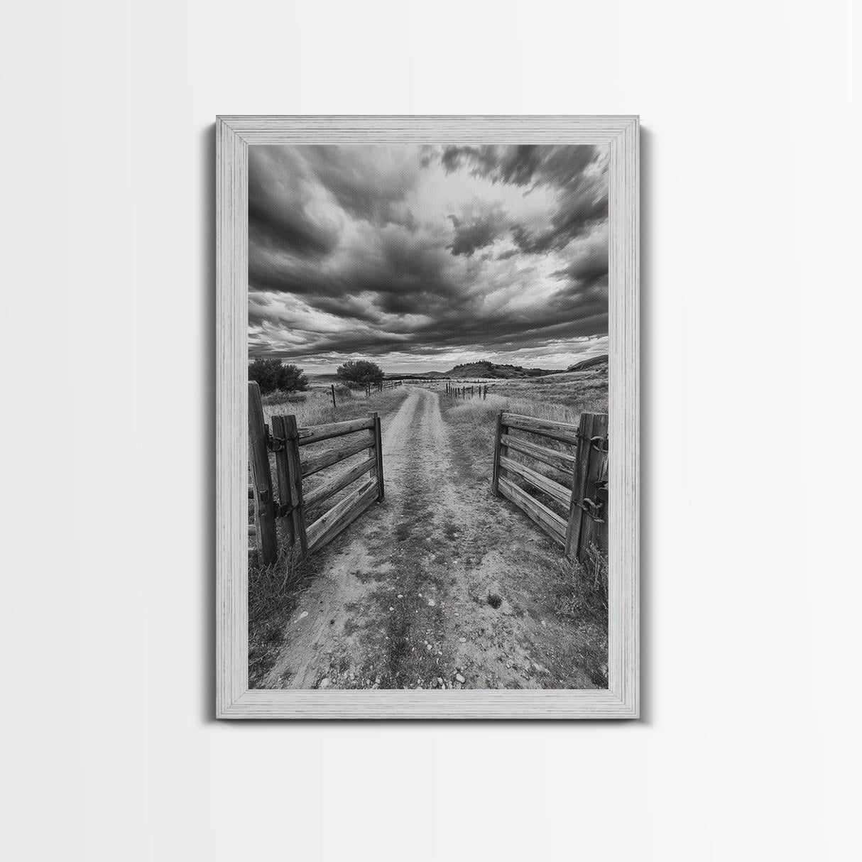Open Ranch Gate, southwest wall art, moody art, western home decor, rustic art, farmhouse painting, framed canvas print, cowboy aesthetic