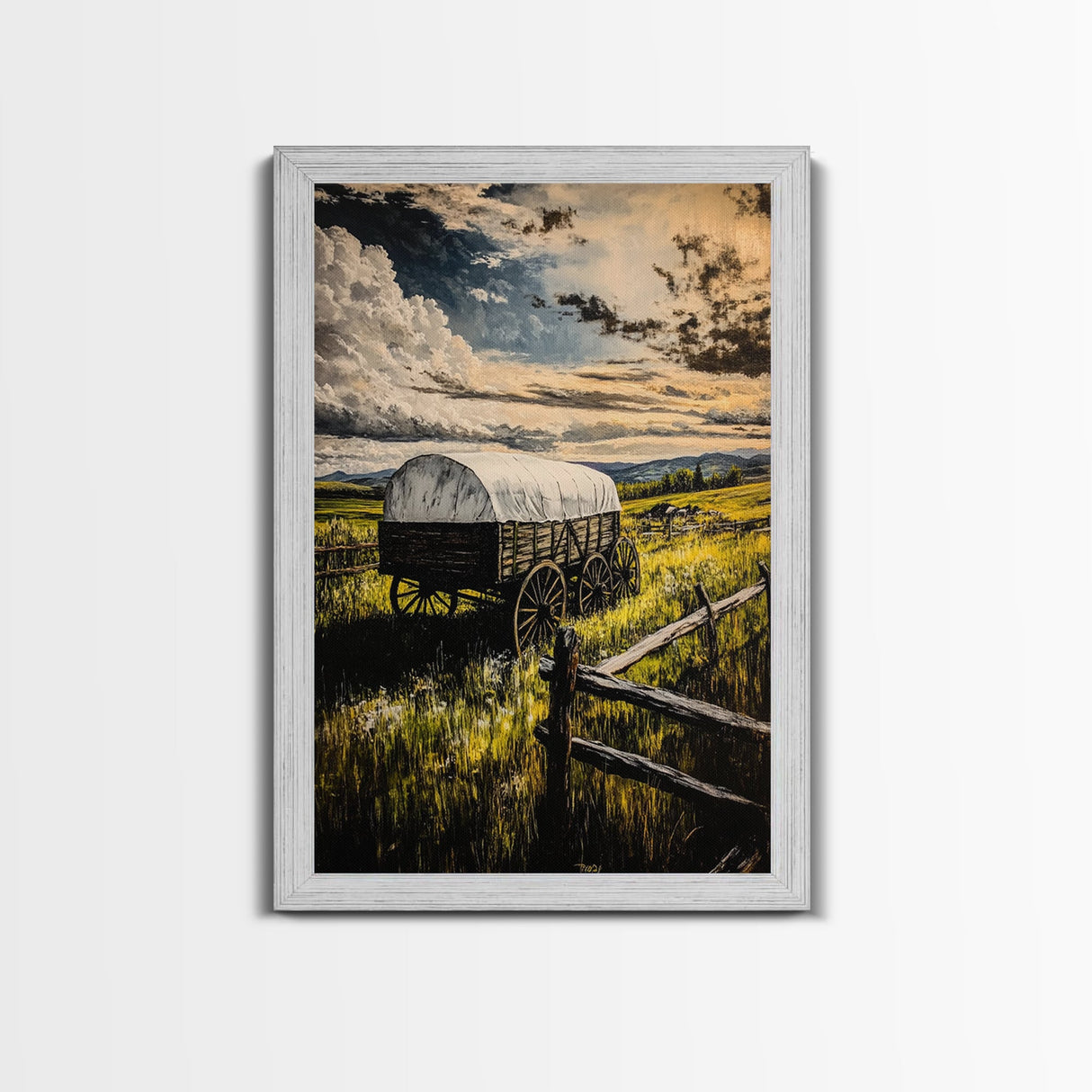 Prairie Wagon, Stormy Sky, Western Landscape, Framed Canvas Print, Rustic Wall Art, Barn Landscape Oil Painting, Farmhouse Art, Moody Art