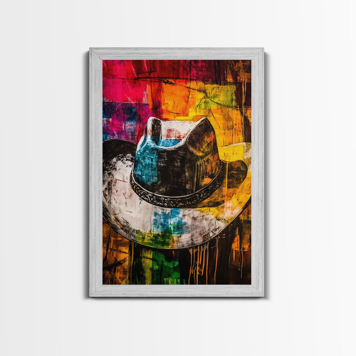 Western Cowboy Hat, rustic decor, graffiti wall art, vibrant color art, framed canvas print, southwest wall art, moody art