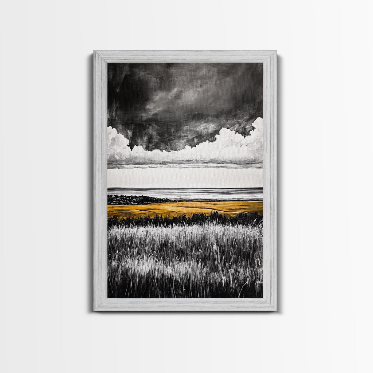 Moody Landscape, dramatic clouds, black and white, gold fields, panoramic art, rustic decor, framed canvas print, extra wide art