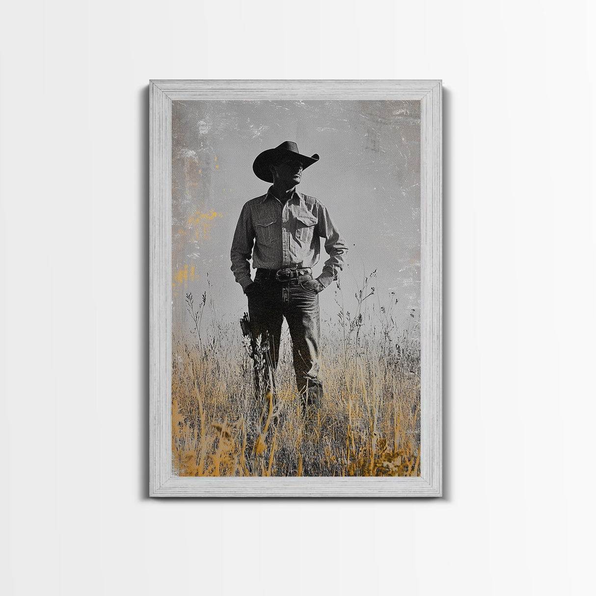 Lone Cowboy, Rustic Art, Western Wall Art, Wabi Sabi Art, Vintage Horse Art, Moody Art, Canvas Print, Framed Cowboy Painting