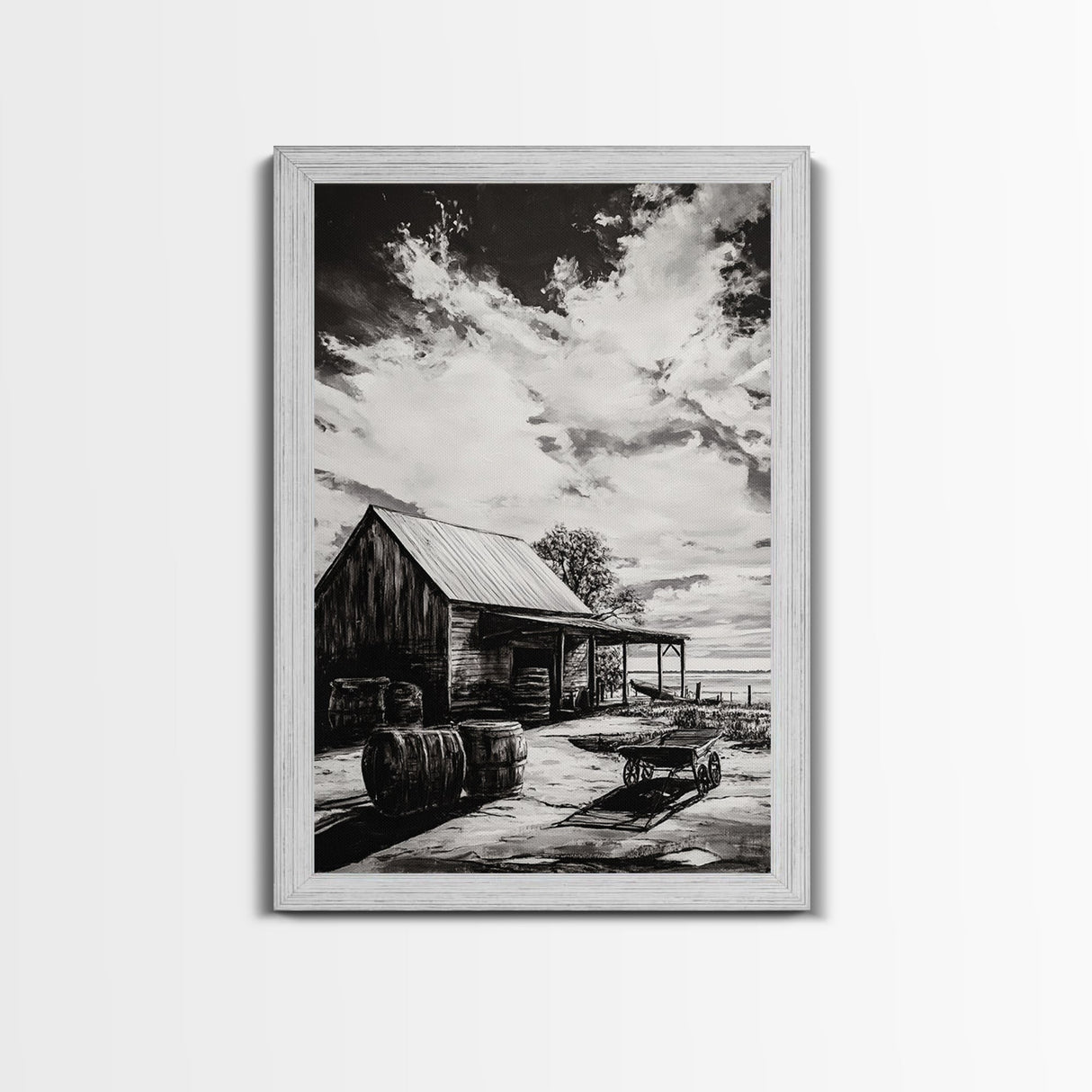 Vintage Barn, Rustic Landscape, Canvas Print, farmhouse art, rustic wall art, barn landscape oil painting, moody art, above couch art, wabi sabi art