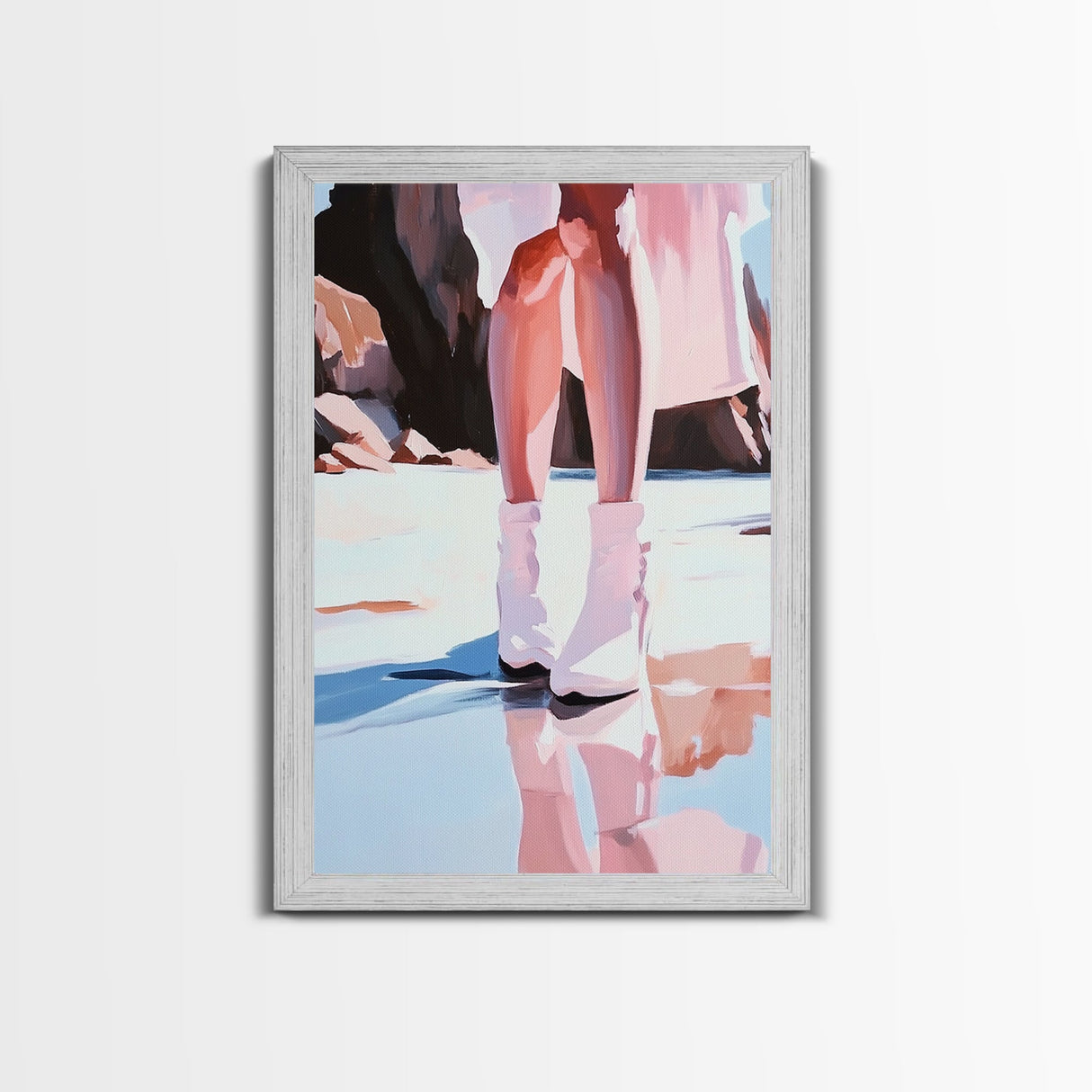 Woman at Beach, Coastal Art, Light Pink Wall Art, Boho Art, Minimalist Painting, Nautical Decor, Framed Canvas Print, Gift Idea