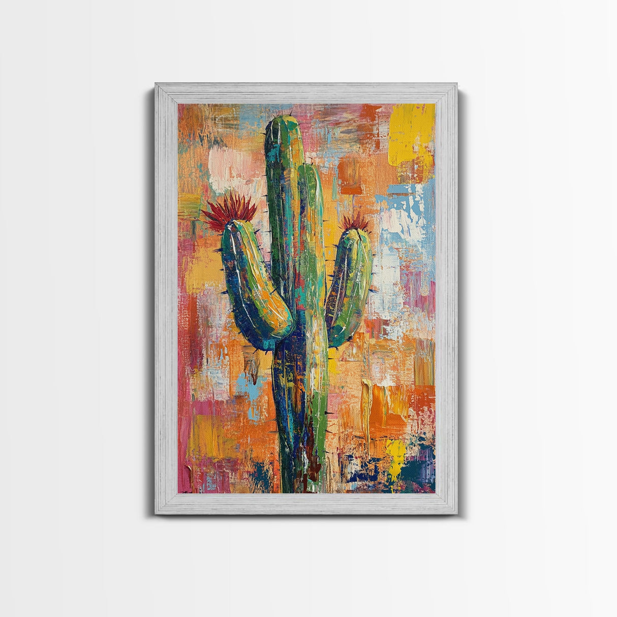 Southwest cactus painting, desert decor, rustic wall art, boho art, framed canvas print, western wall art, gift idea her, botanical prints