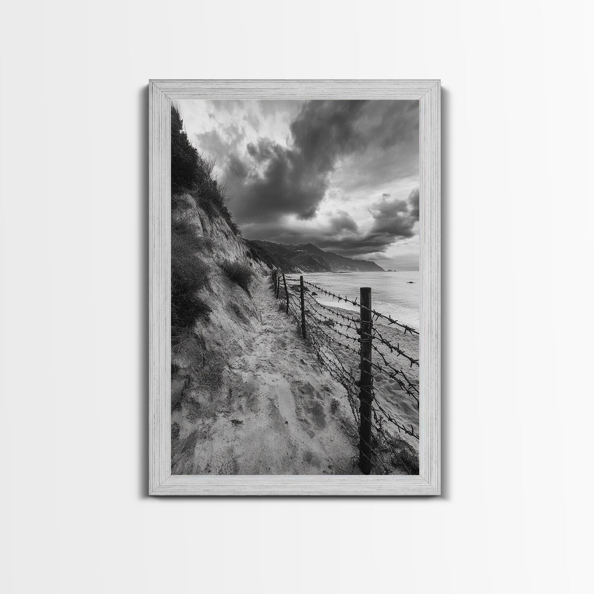 Coastal Path, stormy beach, dramatic sky, coastal wall art, black and white, framed canvas print, moody landscape, nautical decor