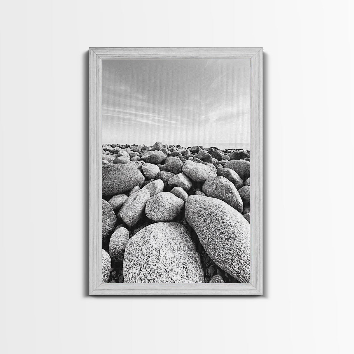 Stone beach, coastal landscape art, black and white art, wabi sabi wall art, minimalist art, nature photography, framed canvas print