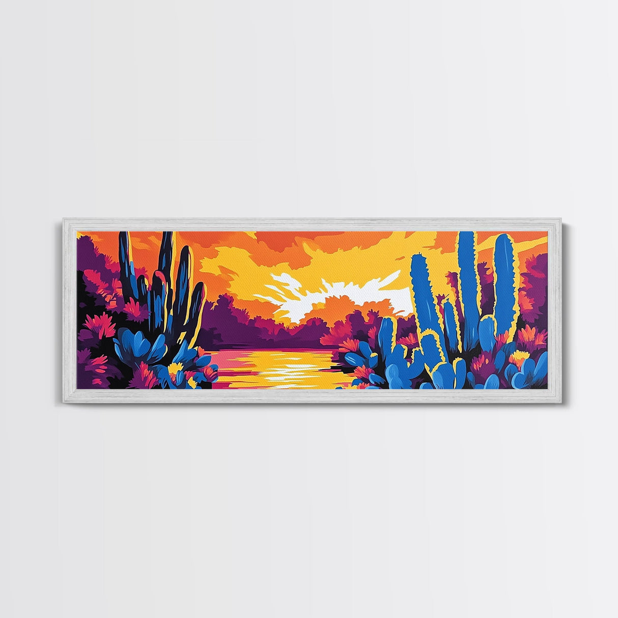 Sunset Desert Cacti, Joshua tree art, southwest wall art, extra wide art, pink orange wall art, minimalist art, Canvas Print
