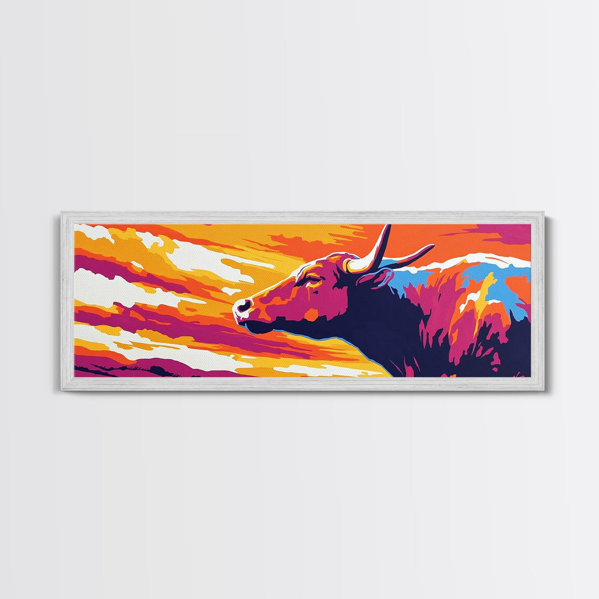 Sunset Bull, bull art, southwest wall art, pink orange wall art, extra wide art, rustic decor, Canvas Print