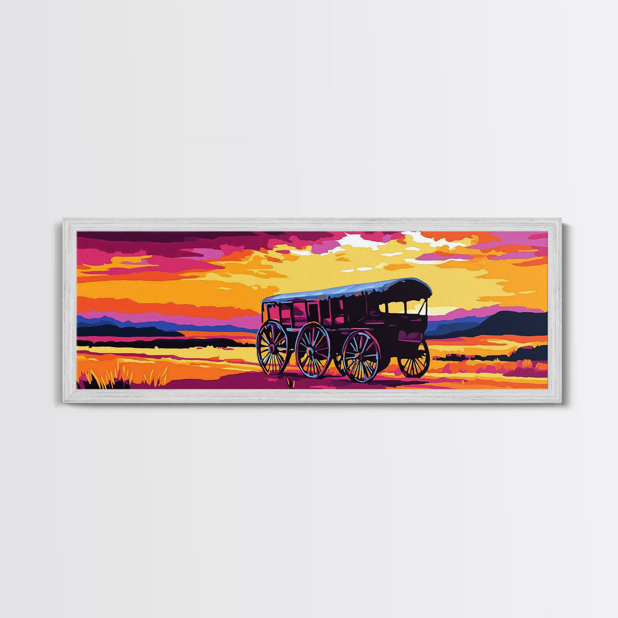 Western Wheels, cowboy painting, rustic wall art, gift idea, farmhouse decor, panoramic art, extra wide art, framed canvas print