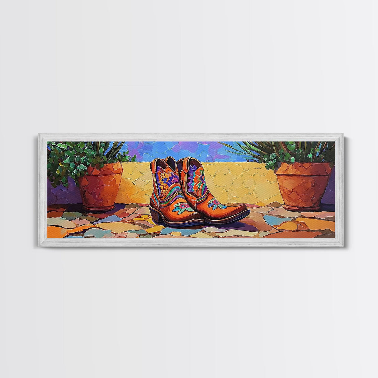 Floral Cowboy Boots, boho art, chicano art, whimsical art, southwest wall art, western decor, pink orange wall art, Framed Canvas Print