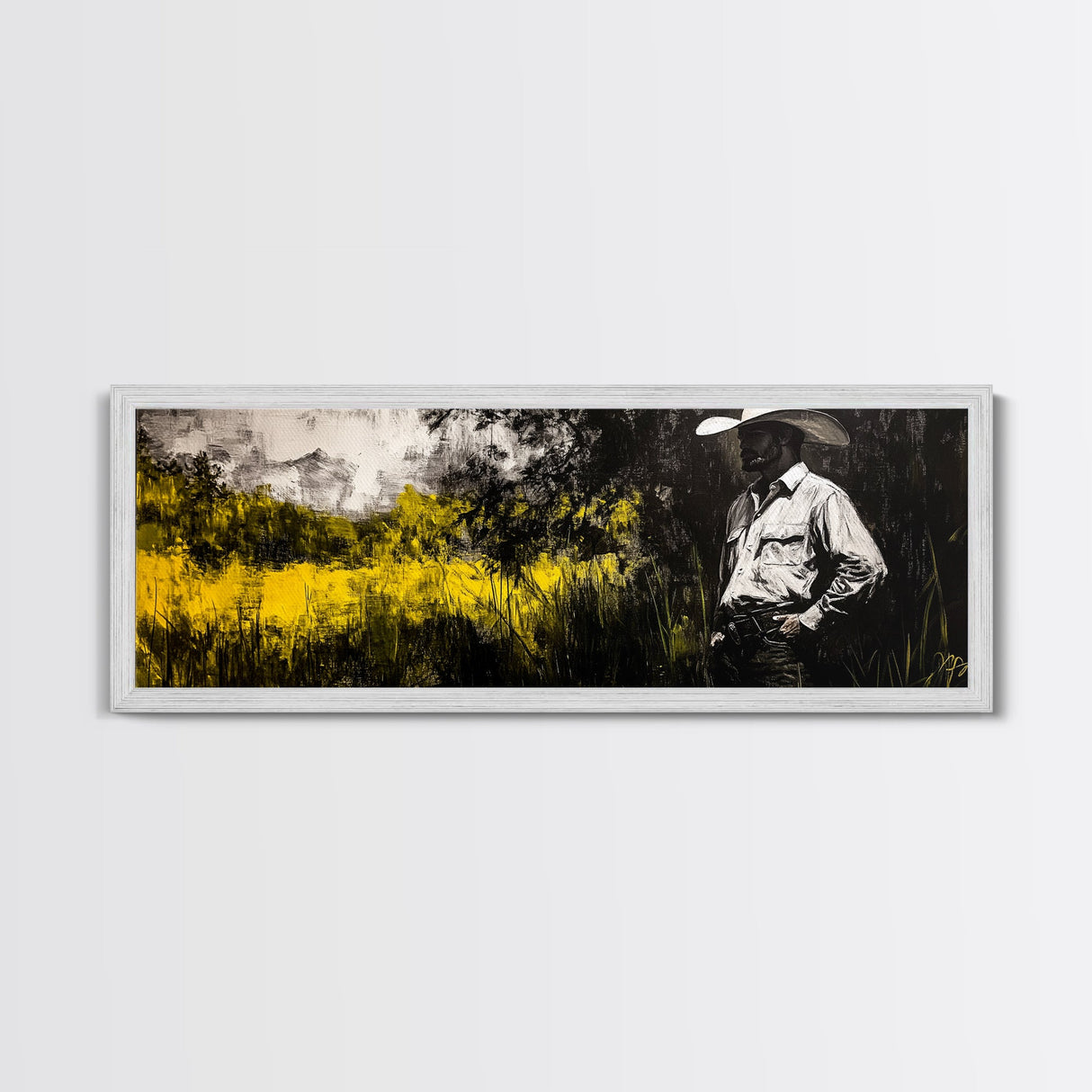 Cowboy in Field, Rustic Wall Art, Farmhouse Art, Canvas Print, Vintage Horse Art, Extra Wide Art, Moody Art, Wabi Sabi Art