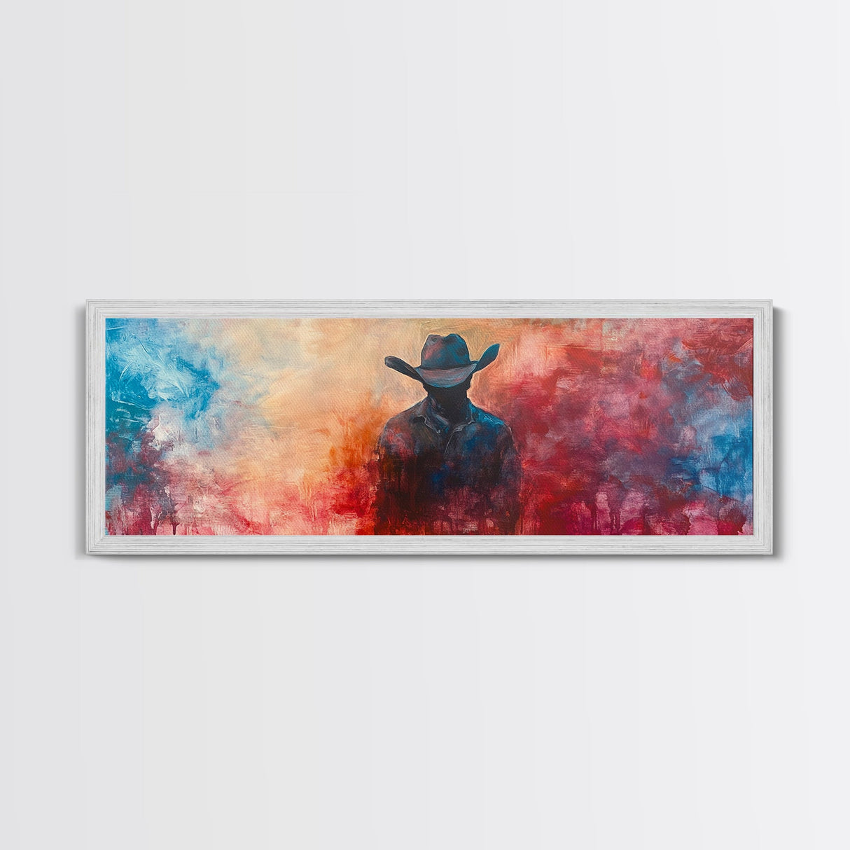 Moody Cowboy Art, dark romance painting, rustic wall art, southwest wall art, extra wide art, framed canvas print, panoramic painting