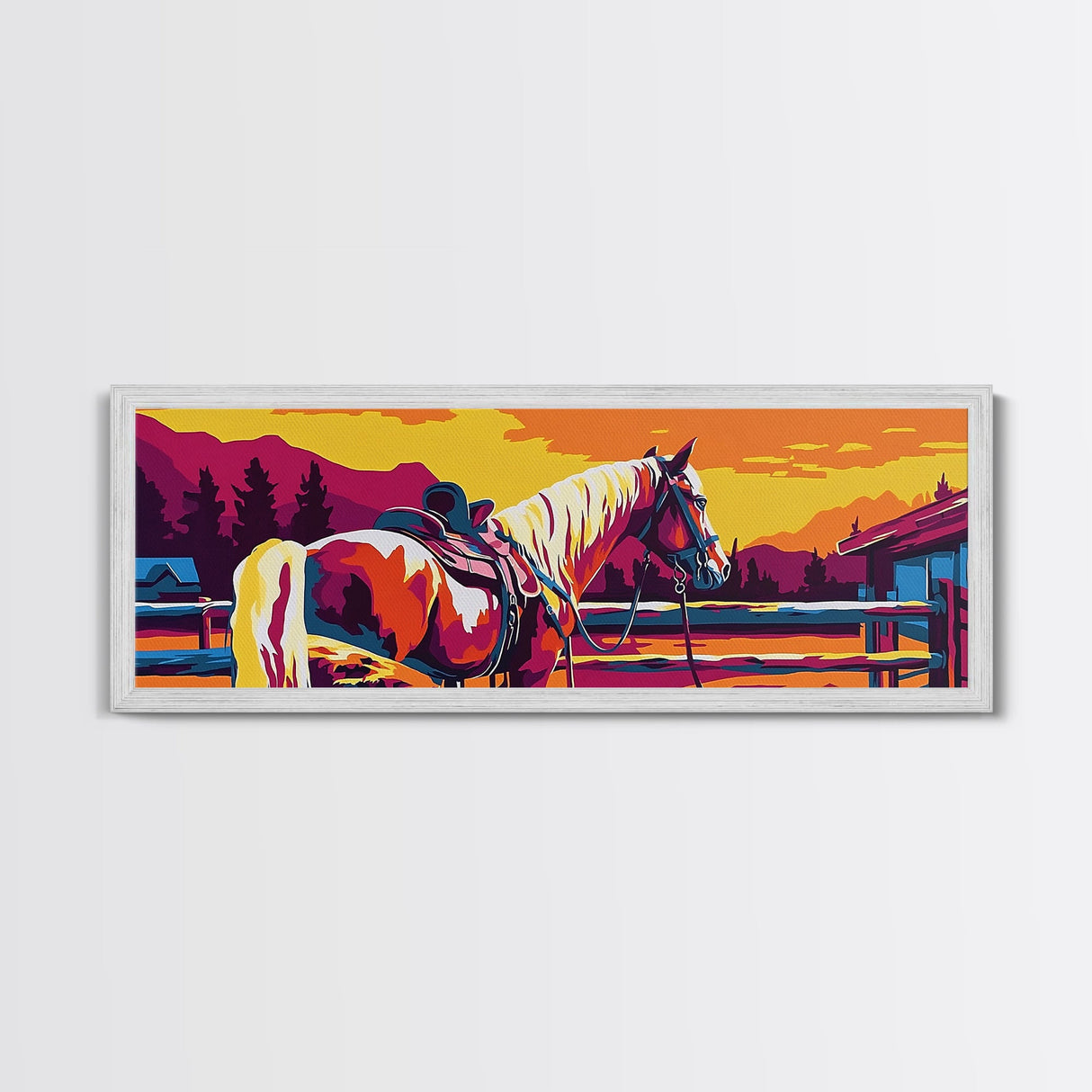 Western horse, saddle, cowboy, sunset, rustic wall art, panoramic art, framed canvas print, extra wide art, horse wall art