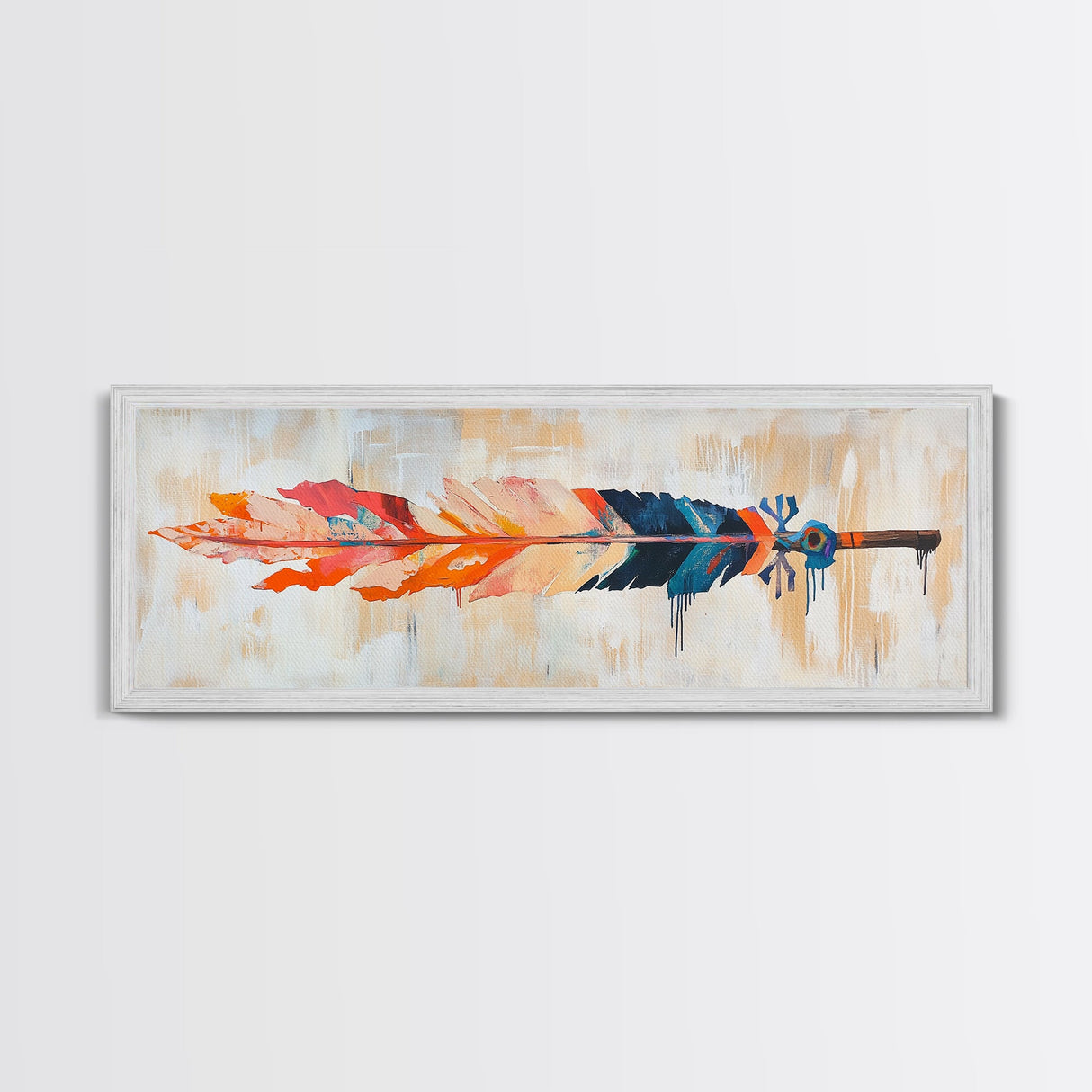 Colorful feather, native art, southwestern decor, rustic wall art, boho art, framed canvas print, extra wide art, tribal painting
